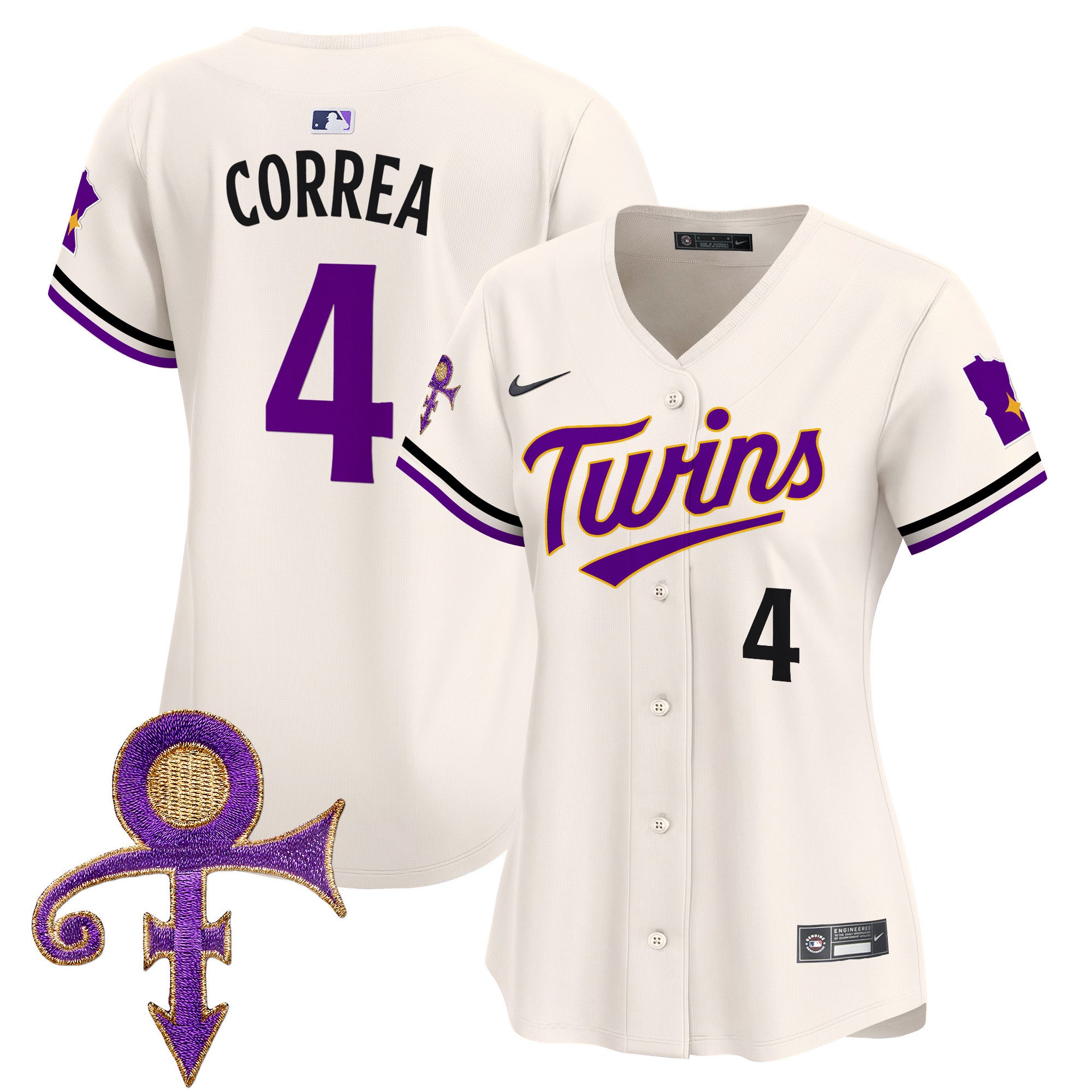 Women's Minnesota Twins Prince Patch Vapor Premier Limited Jersey V3 - All Stitched - Cream, Carlos Correa