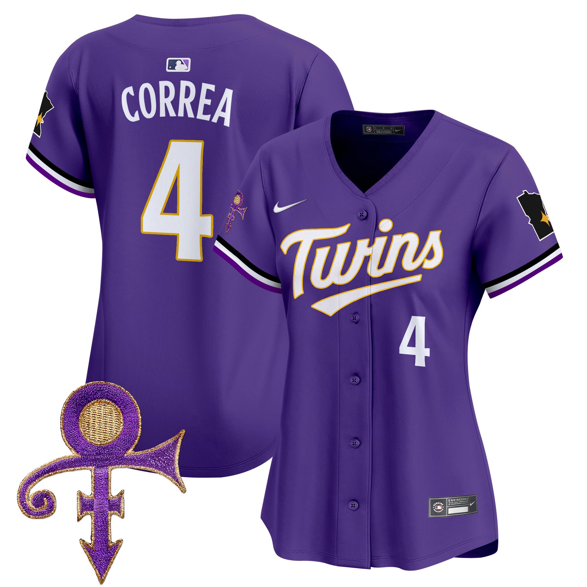 Women's Minnesota Twins Prince Patch Vapor Premier Limited Jersey V3 - All Stitched - Purple, Carlos Correa