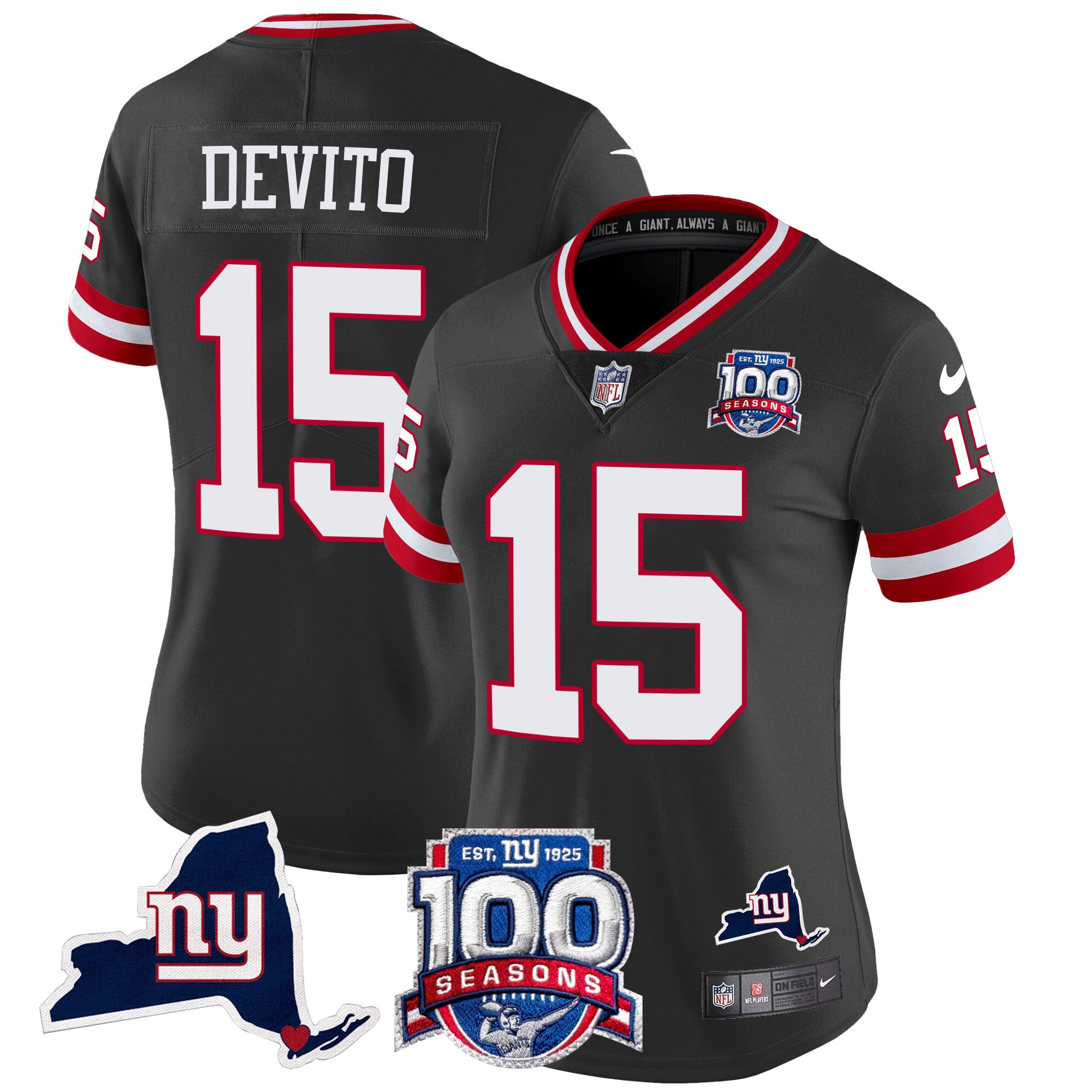Women's New York Giants 100th Season & State Patch Vapor Limited Jersey - All Stitched - Black, Tommy DeVito