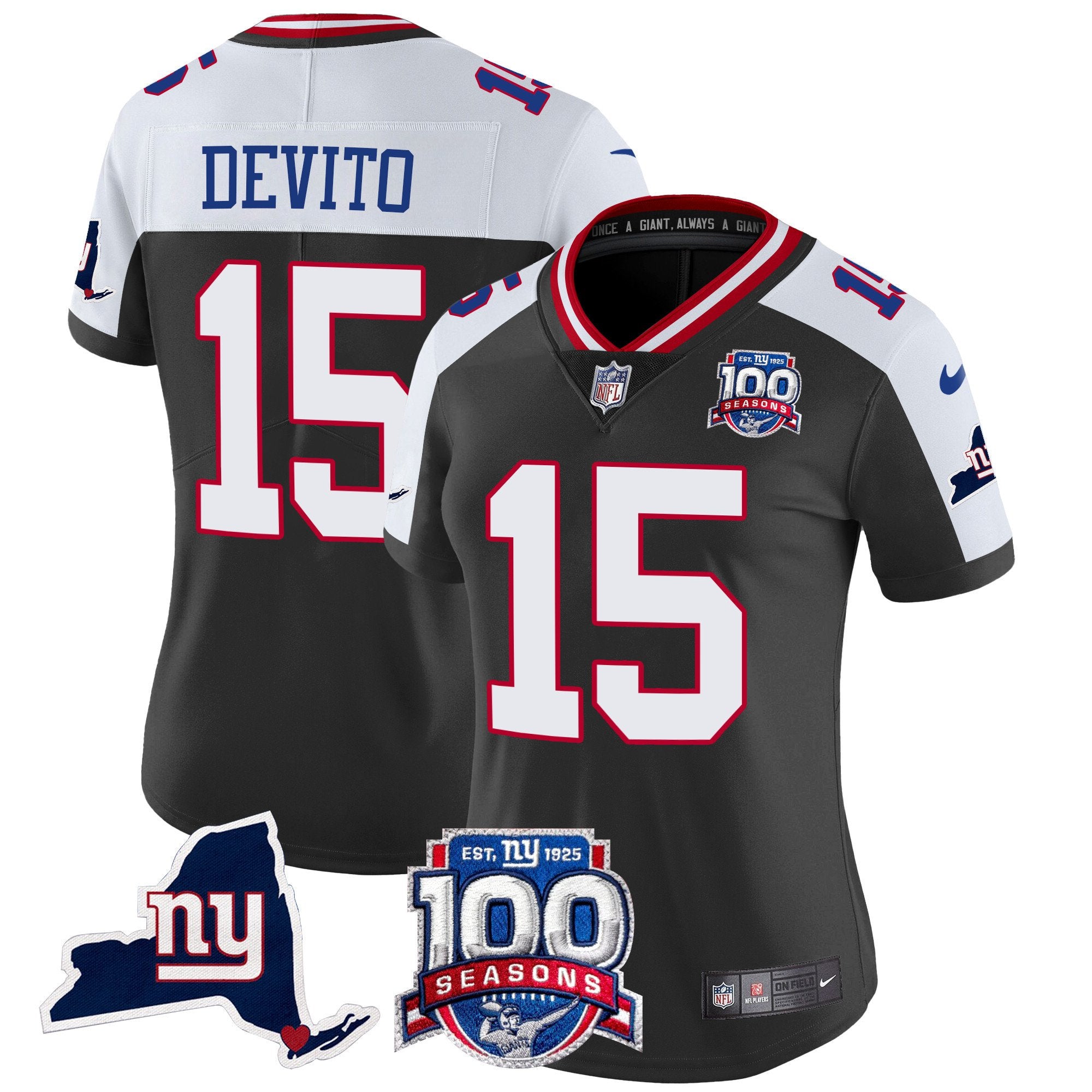 Women's New York Giants 100th Season & State Patch Vapor Limited Jersey - All Stitched - Black Alternate, Tommy DeVito