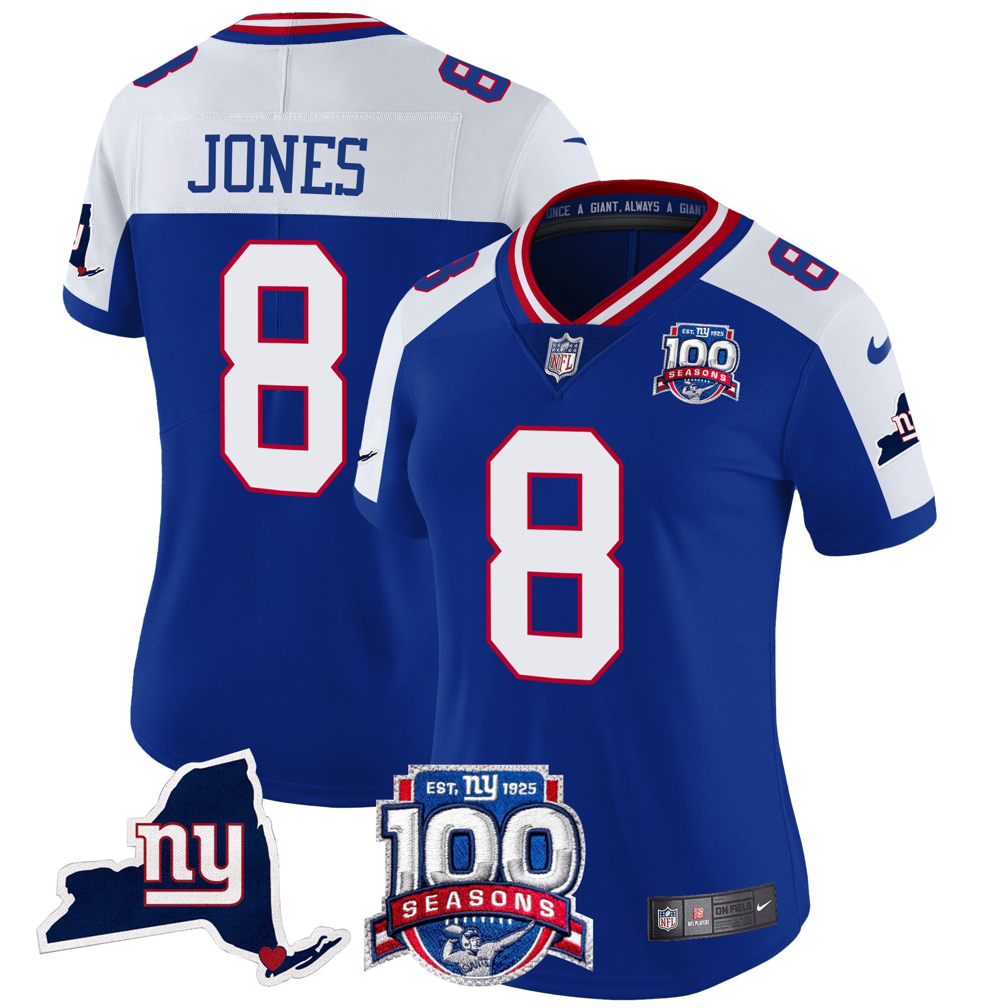 Women's New York Giants 100th Season & State Patch Vapor Limited Jersey - All Stitched - Royal Alternate, Daniel Jones
