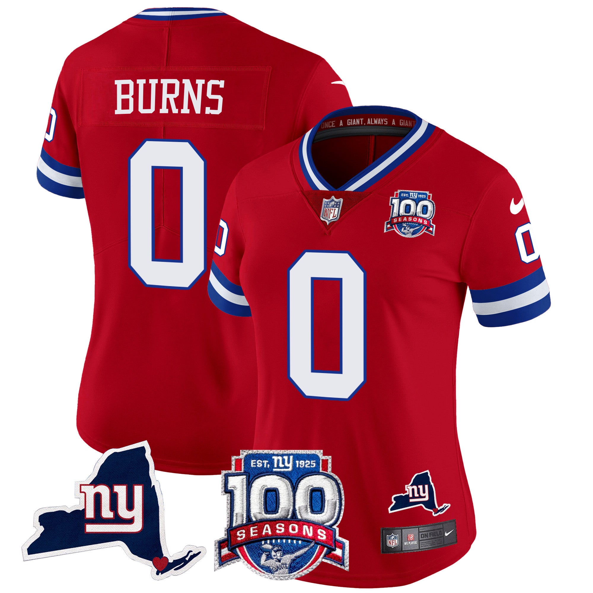 Women's New York Giants 100th Season & State Patch Vapor Limited Jersey - All Stitched - Red, Brian Burns