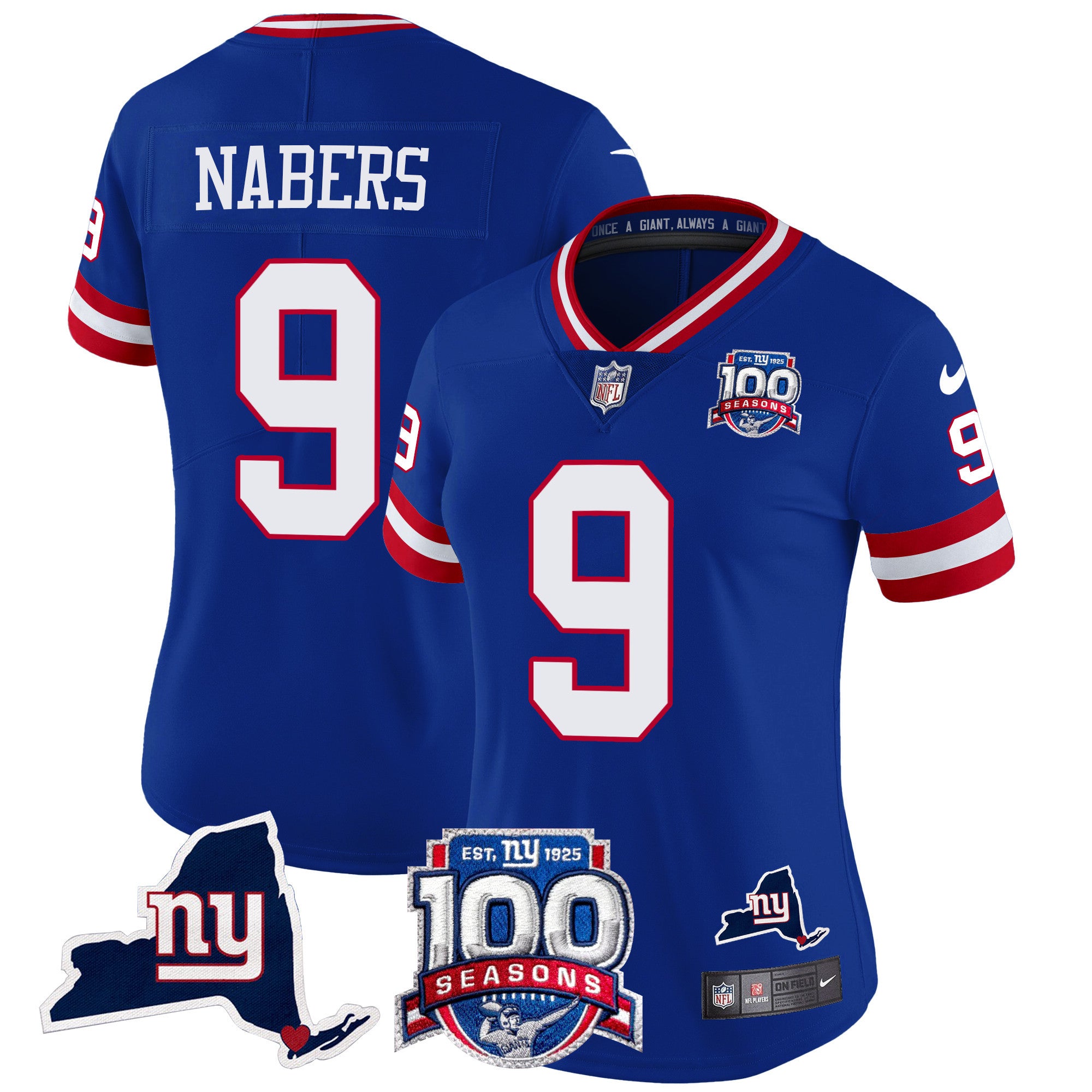 Women's New York Giants 100th Season & State Patch Vapor Limited Jersey - All Stitched - Royal, Malik Nabers