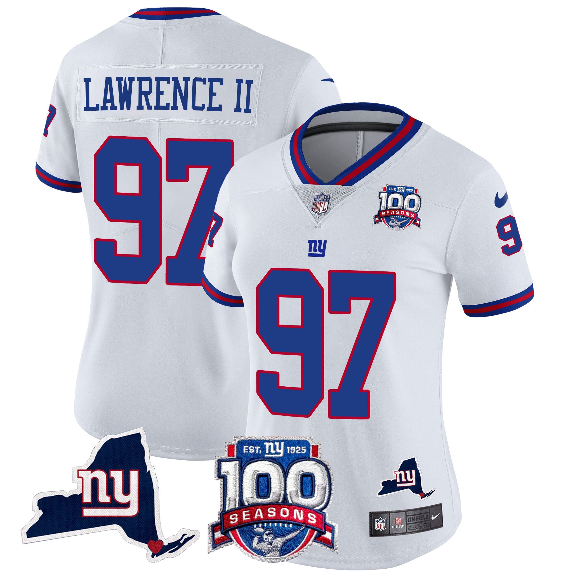 Women's New York Giants 100th Season & State Patch Vapor Limited Jersey - All Stitched - White, Dexter Lawrence II