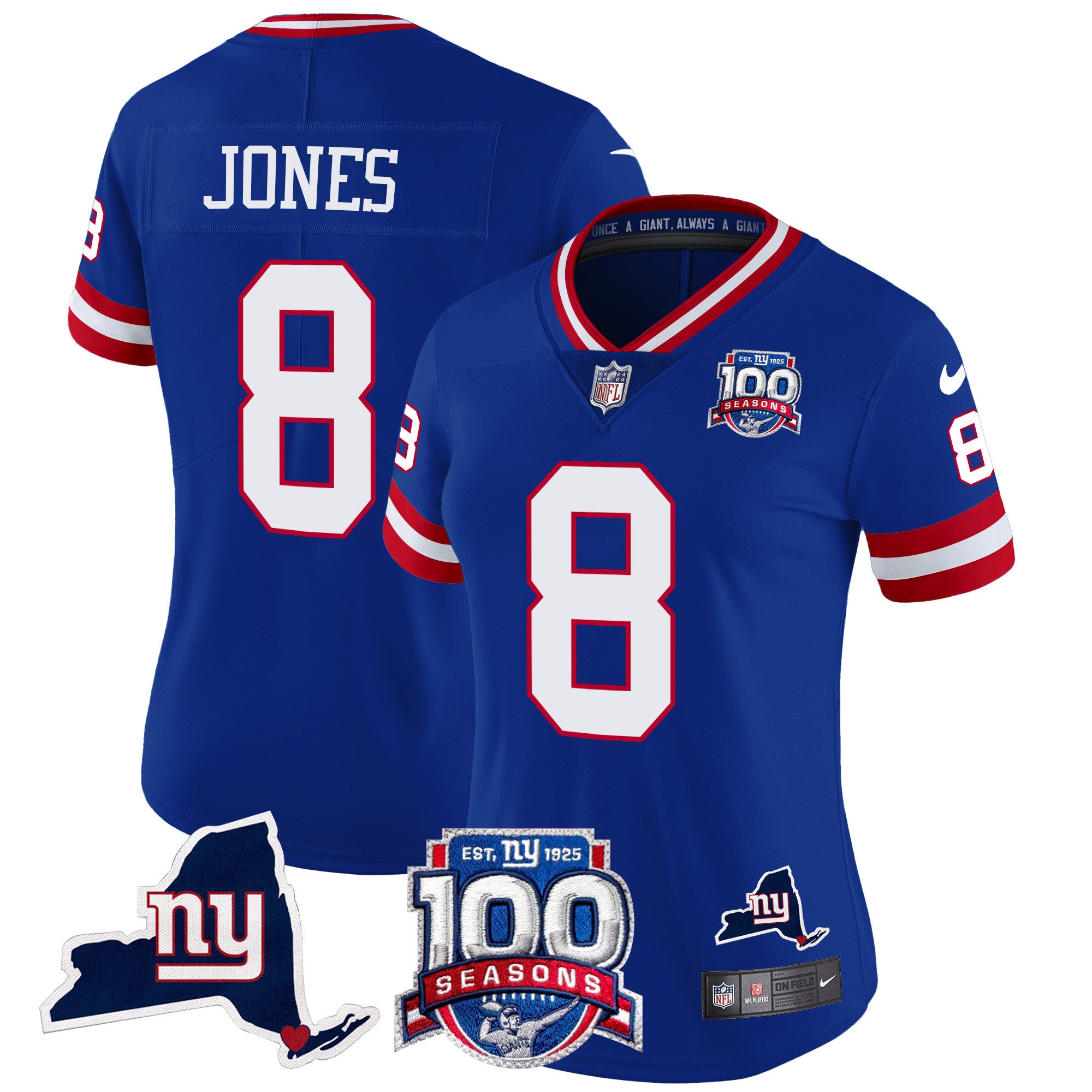 Women's New York Giants 100th Season & State Patch Vapor Limited Jersey - All Stitched - Royal, Daniel Jones