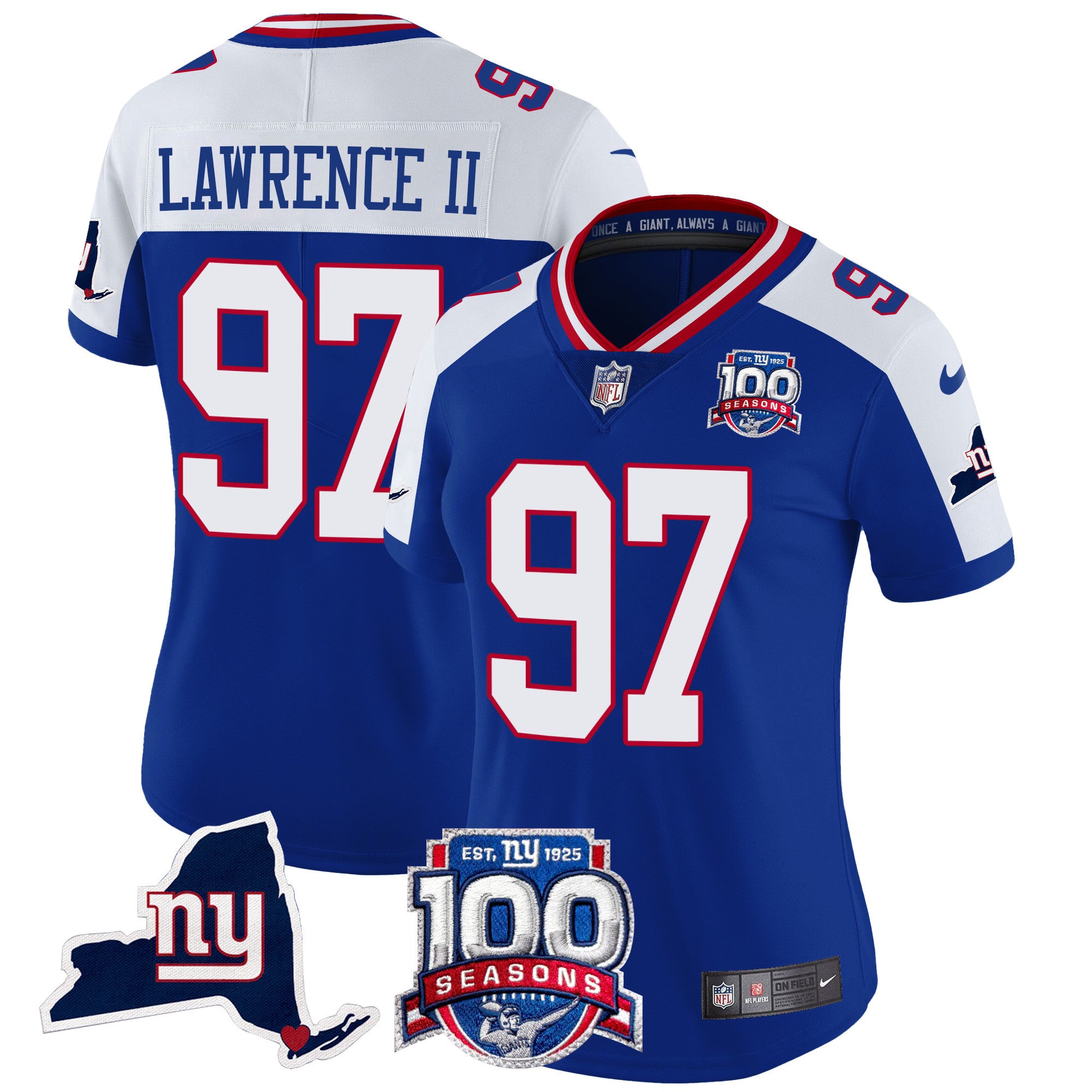 Women's New York Giants 100th Season & State Patch Vapor Limited Jersey - All Stitched - Royal Alternate, Dexter Lawrence II