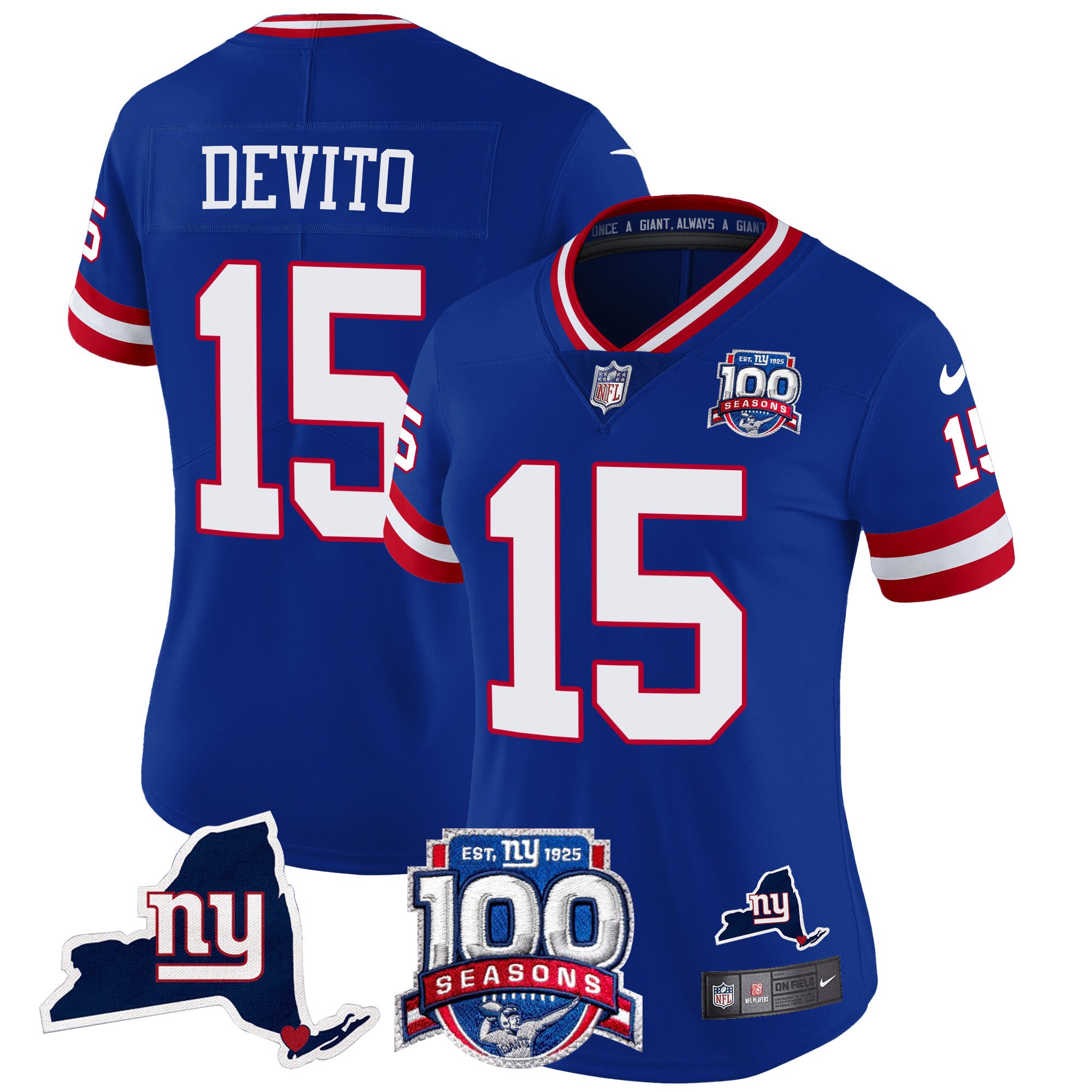 Women's New York Giants 100th Season & State Patch Vapor Limited Jersey - All Stitched - Royal, Tommy DeVito