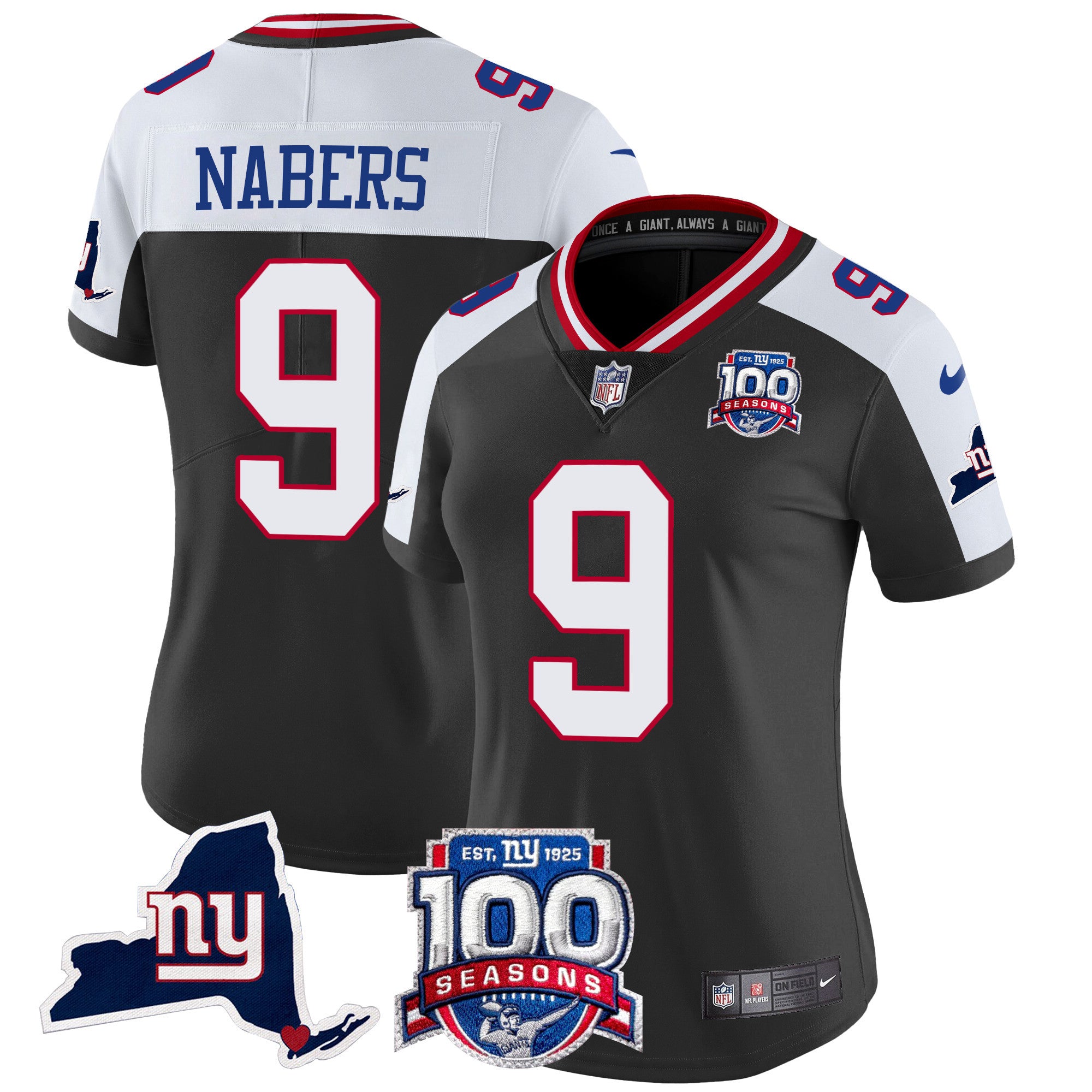 Women's New York Giants 100th Season & State Patch Vapor Limited Jersey - All Stitched - Black Alternate, Malik Nabers