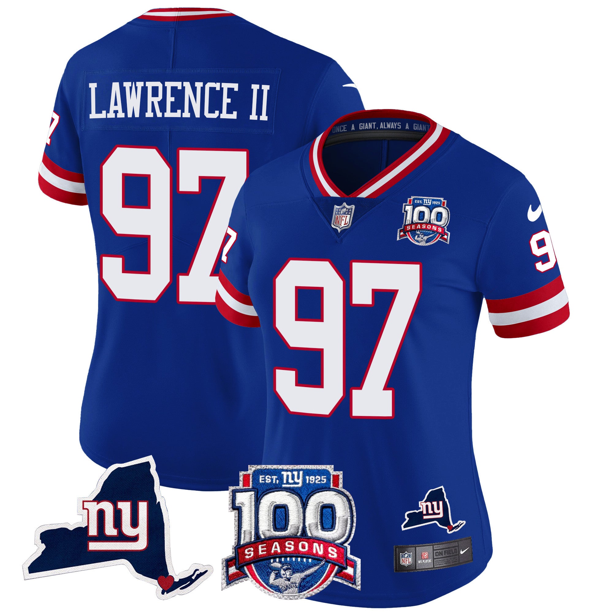 Women's New York Giants 100th Season & State Patch Vapor Limited Jersey - All Stitched - Royal, Dexter Lawrence II