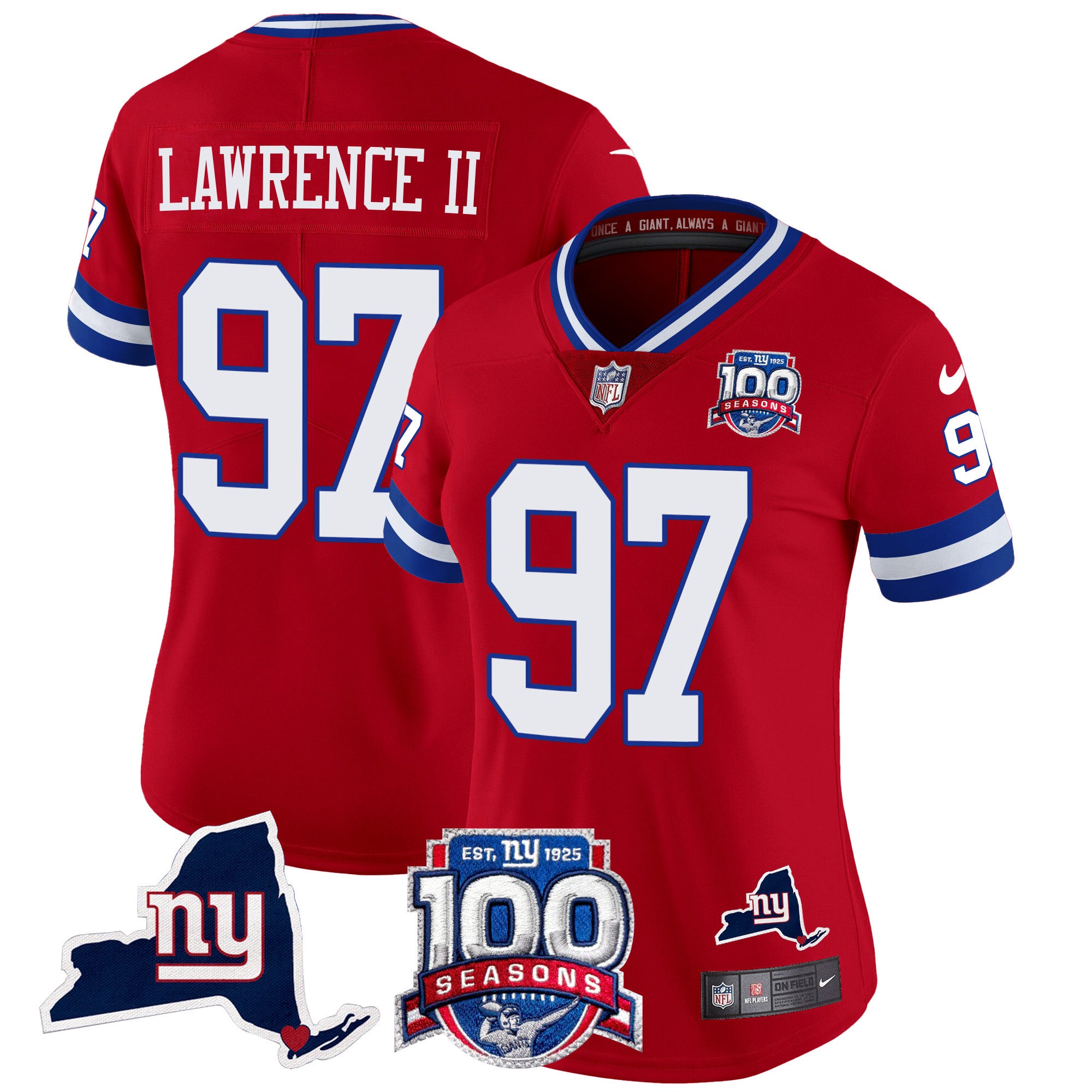 Women's New York Giants 100th Season & State Patch Vapor Limited Jersey - All Stitched - Red, Dexter Lawrence II