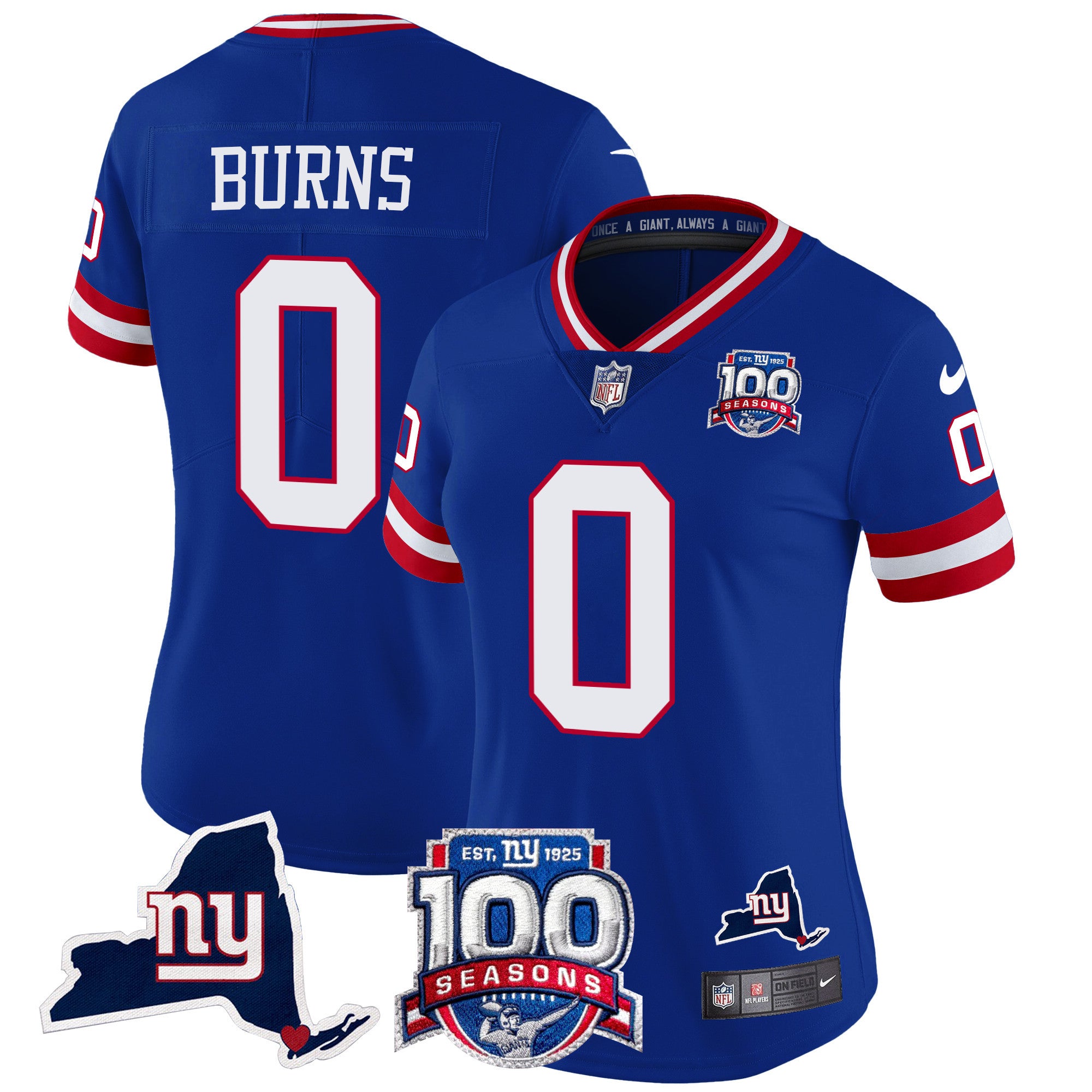 Women's New York Giants 100th Season & State Patch Vapor Limited Jersey - All Stitched - Royal, Brian Burns