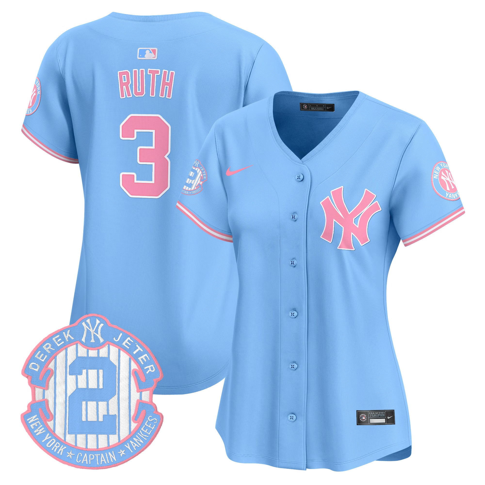 Women's New York Yankees Bubblegum Pink Vapor Premier Limited Jersey - All Stitched - Light Blue, Babe Ruth