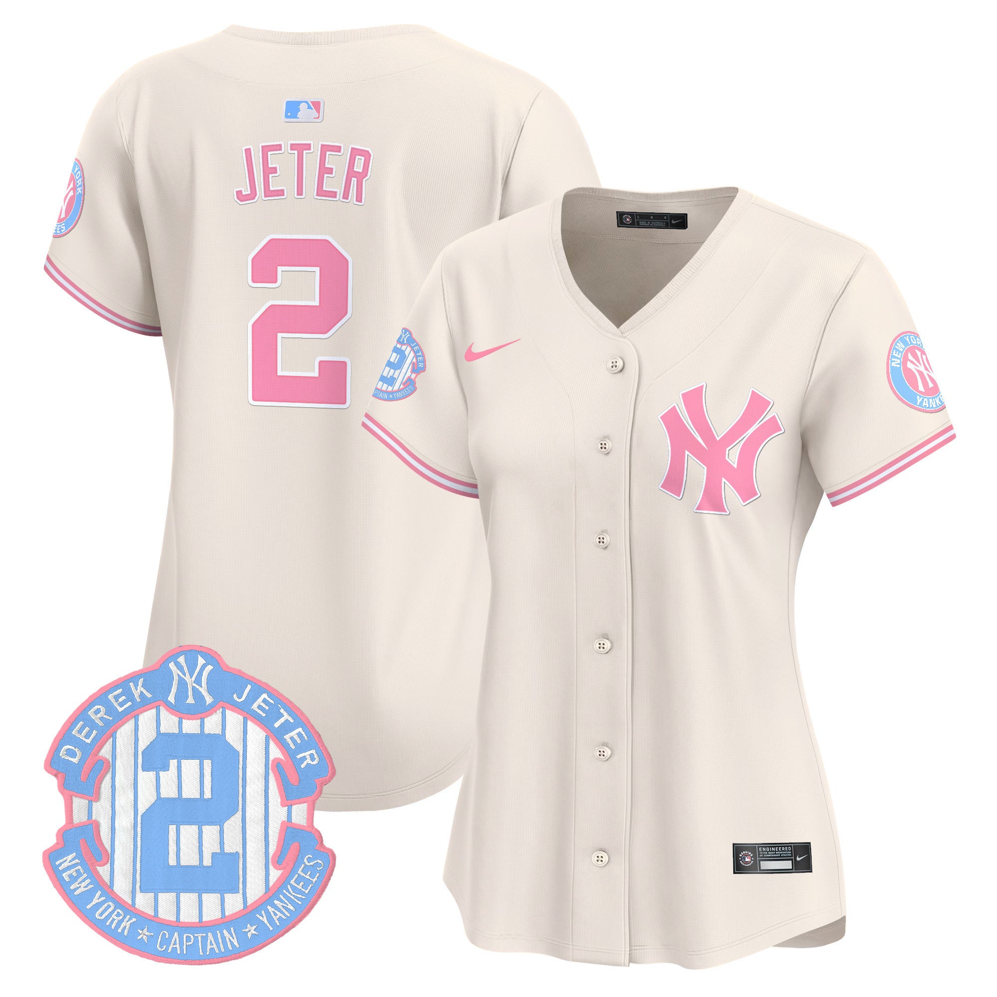 Women's New York Yankees Bubblegum Pink Vapor Premier Limited Jersey - All Stitched - Cream, Derek Jeter