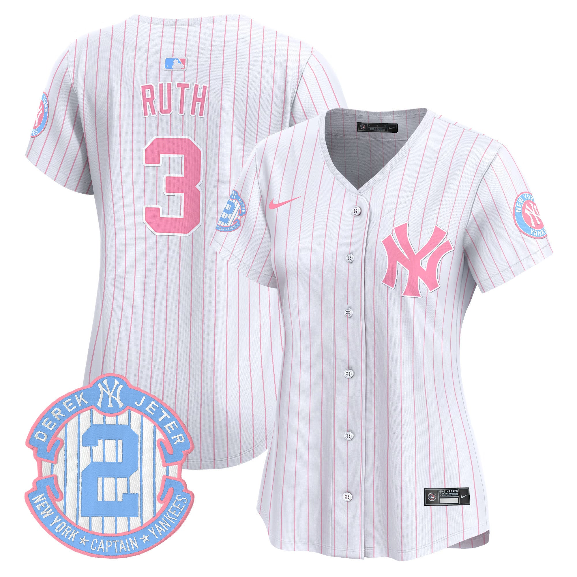 Women's New York Yankees Bubblegum Pink Vapor Premier Limited Jersey - All Stitched - Pinstripe, Babe Ruth