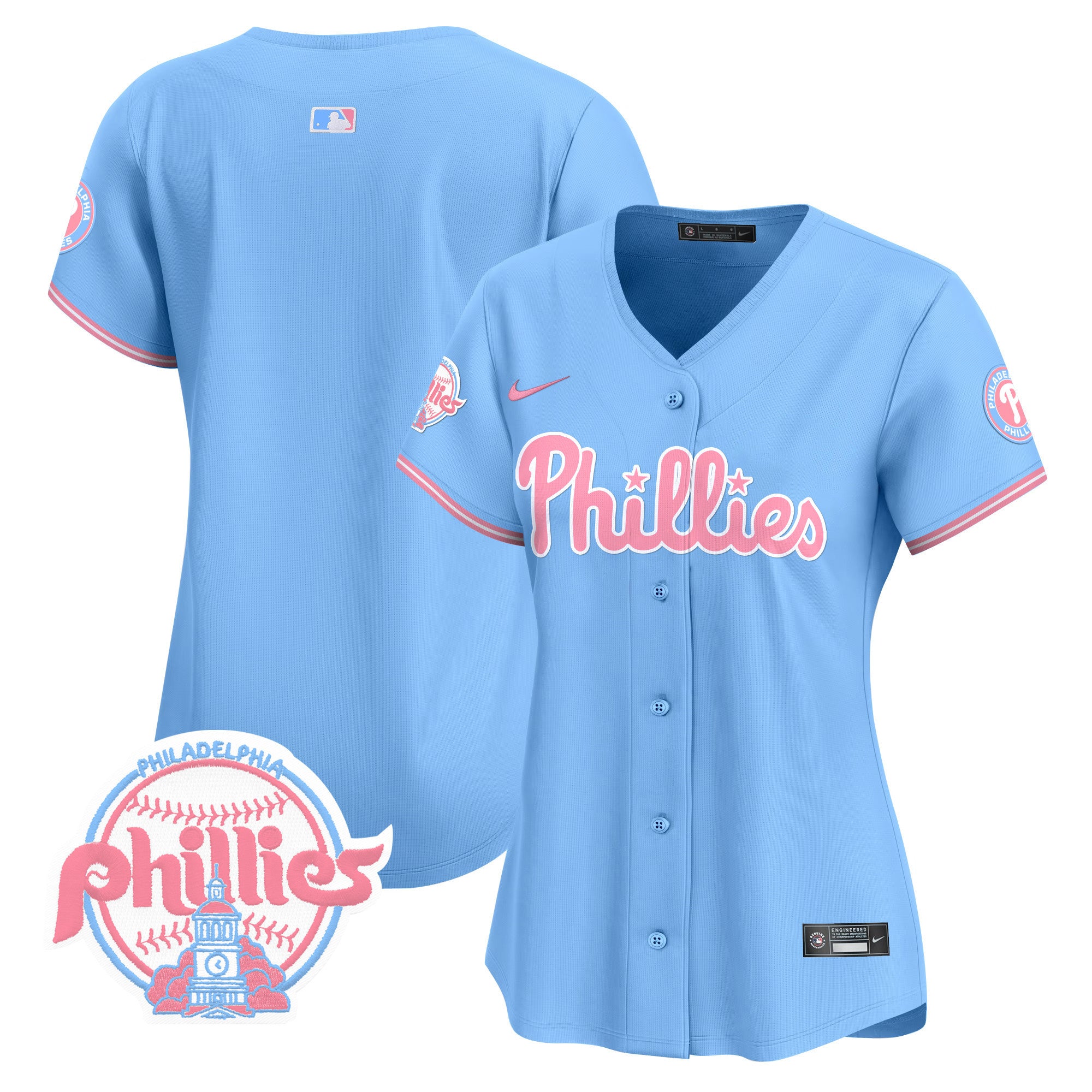 Women's Phillies Bubblegum Pink Vapor Premier Limited Jersey V2 - All Stitched - Light Blue, Team