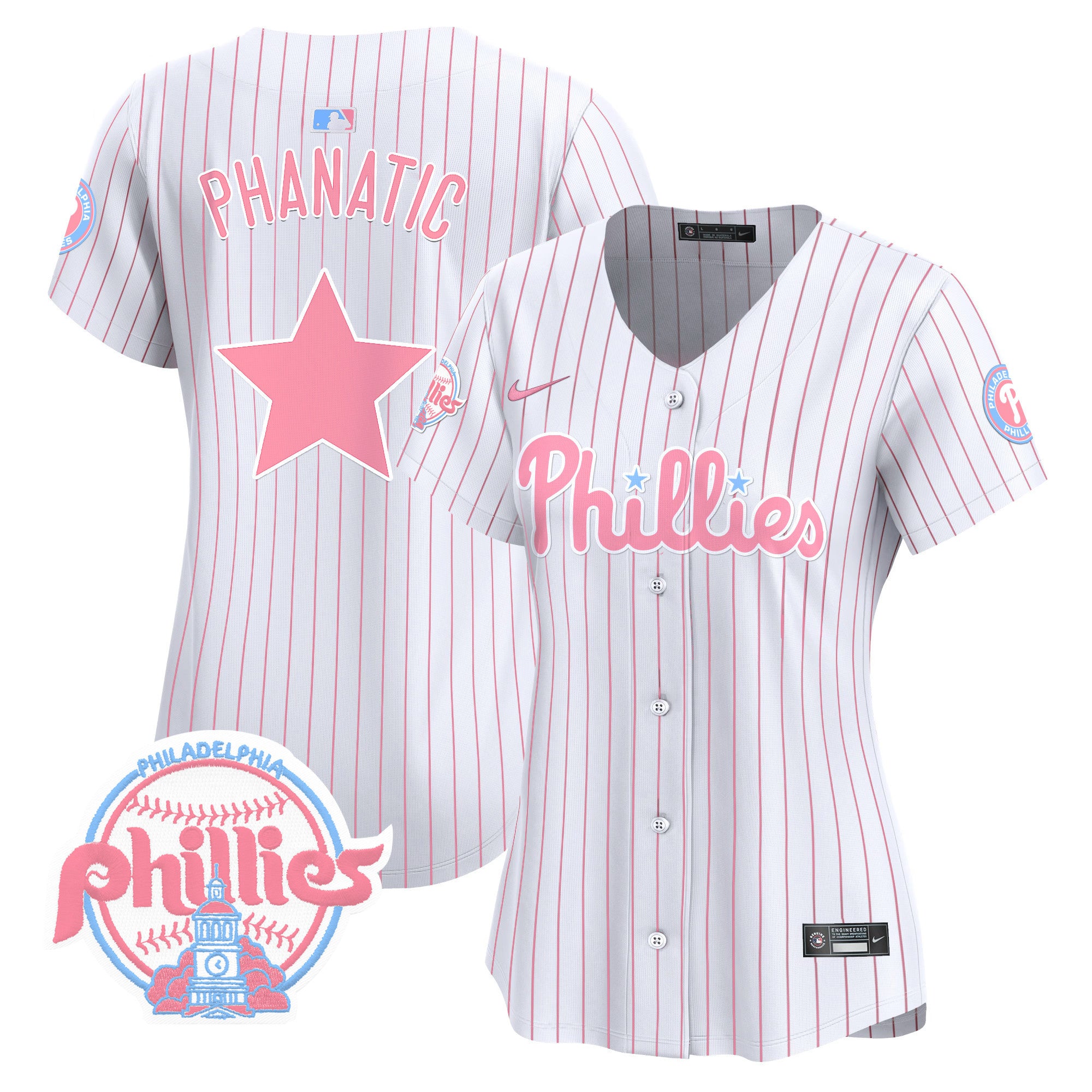 Women's Phillies Bubblegum Pink Vapor Premier Limited Jersey V2 - All Stitched - Pinstripe, Phanatic
