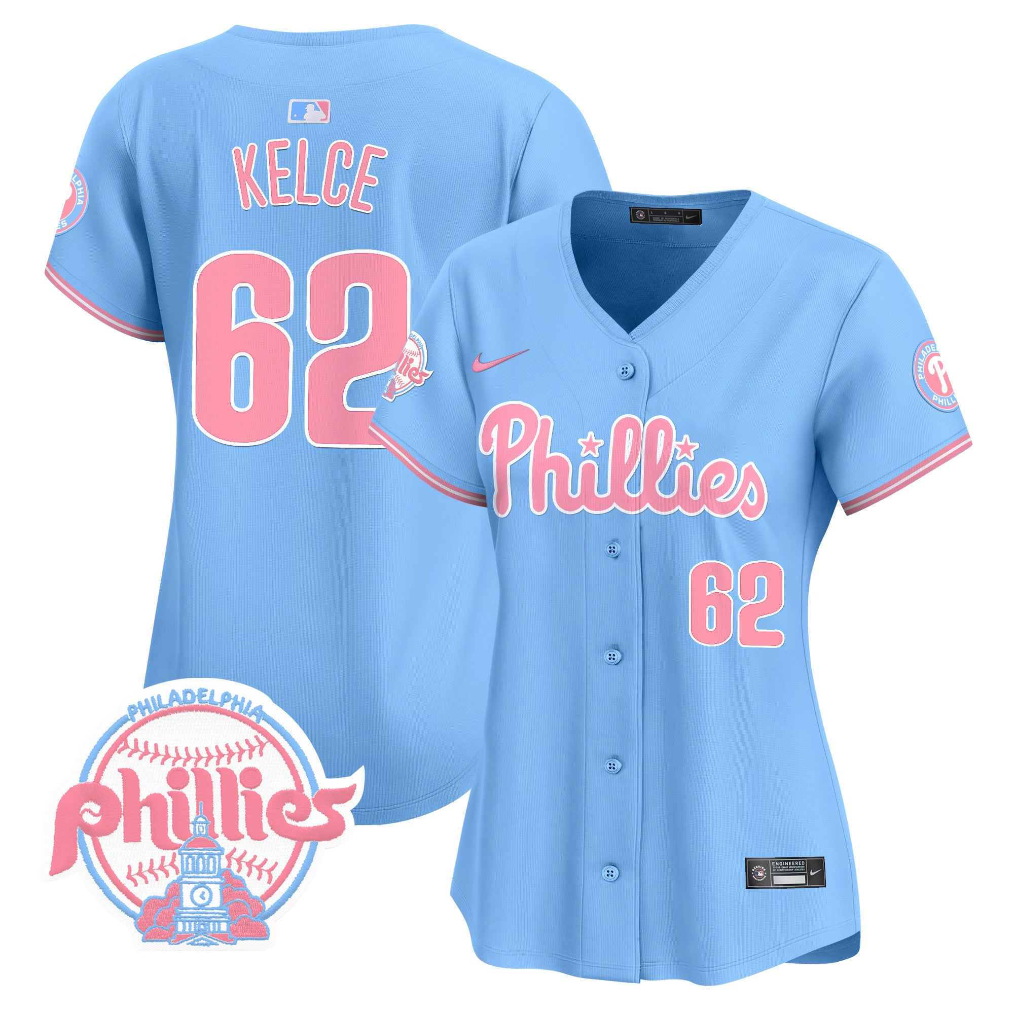 Women's Phillies Bubblegum Pink Vapor Premier Limited Jersey V2 - All Stitched - Light Blue, Jason Kelce