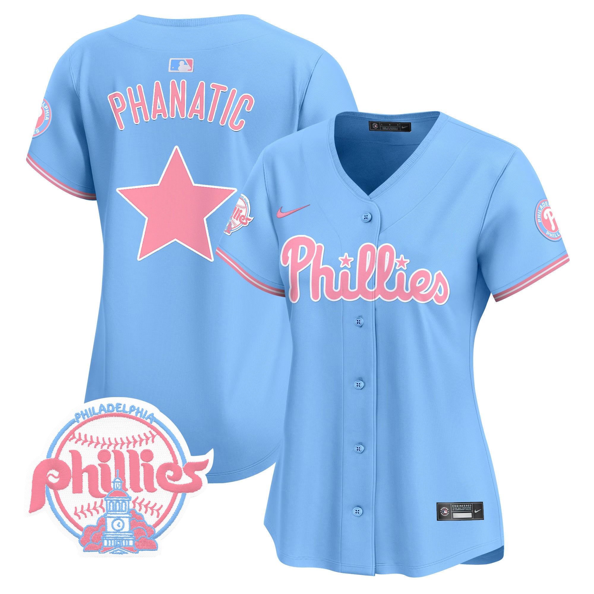 Women's Phillies Bubblegum Pink Vapor Premier Limited Jersey V2 - All Stitched - Light Blue, Phanatic