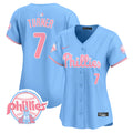 Women's Phillies Bubblegum Pink Vapor Premier Limited Jersey V2 - All Stitched - Light Blue, Trea Turner