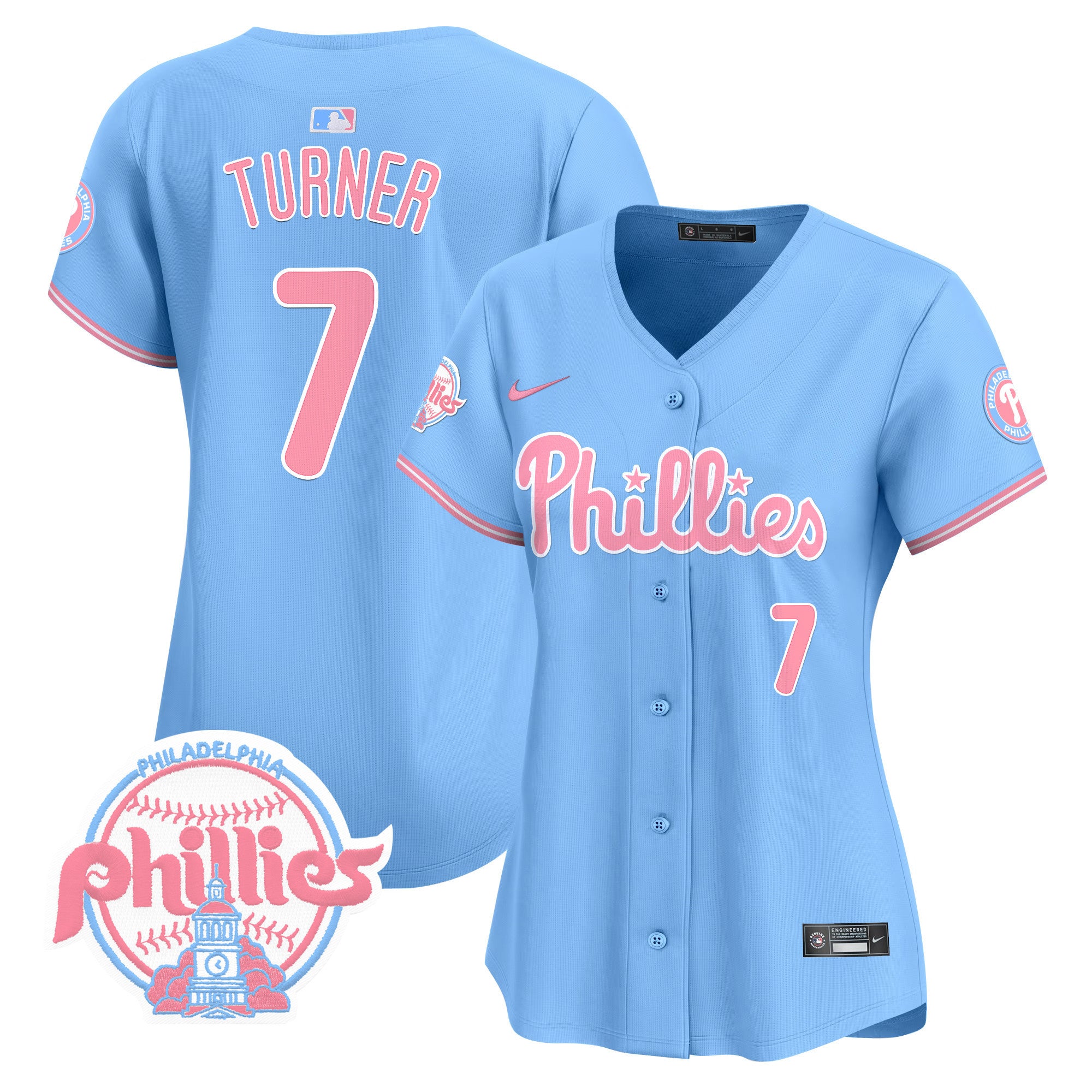Women's Phillies Bubblegum Pink Vapor Premier Limited Jersey V2 - All Stitched - Light Blue, Trea Turner