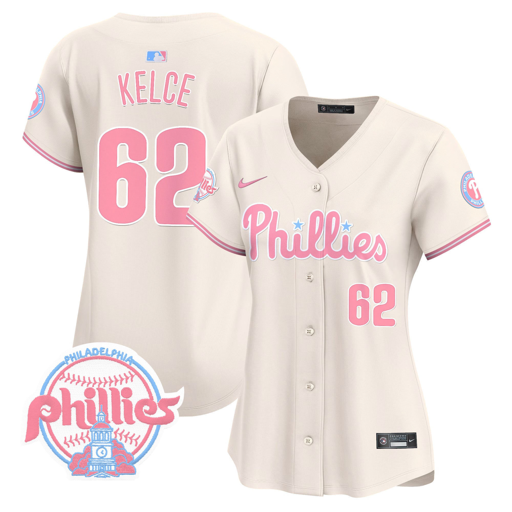 Women's Phillies Bubblegum Pink Vapor Premier Limited Jersey V2 - All Stitched - Cream, Jason Kelce