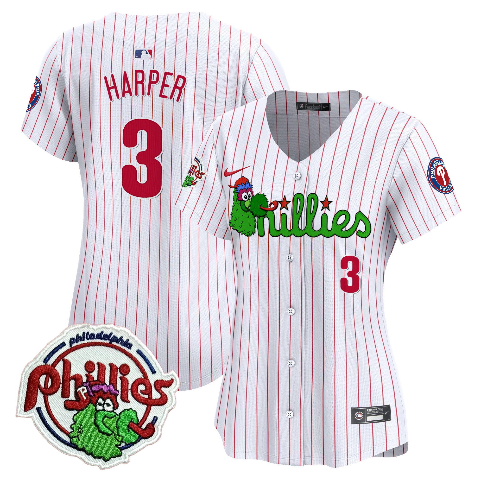 Women's Phillies Phanatic Patch Vapor Premier Limited Jersey V3- All Stitched - White Pinstripe, Bryce Harper
