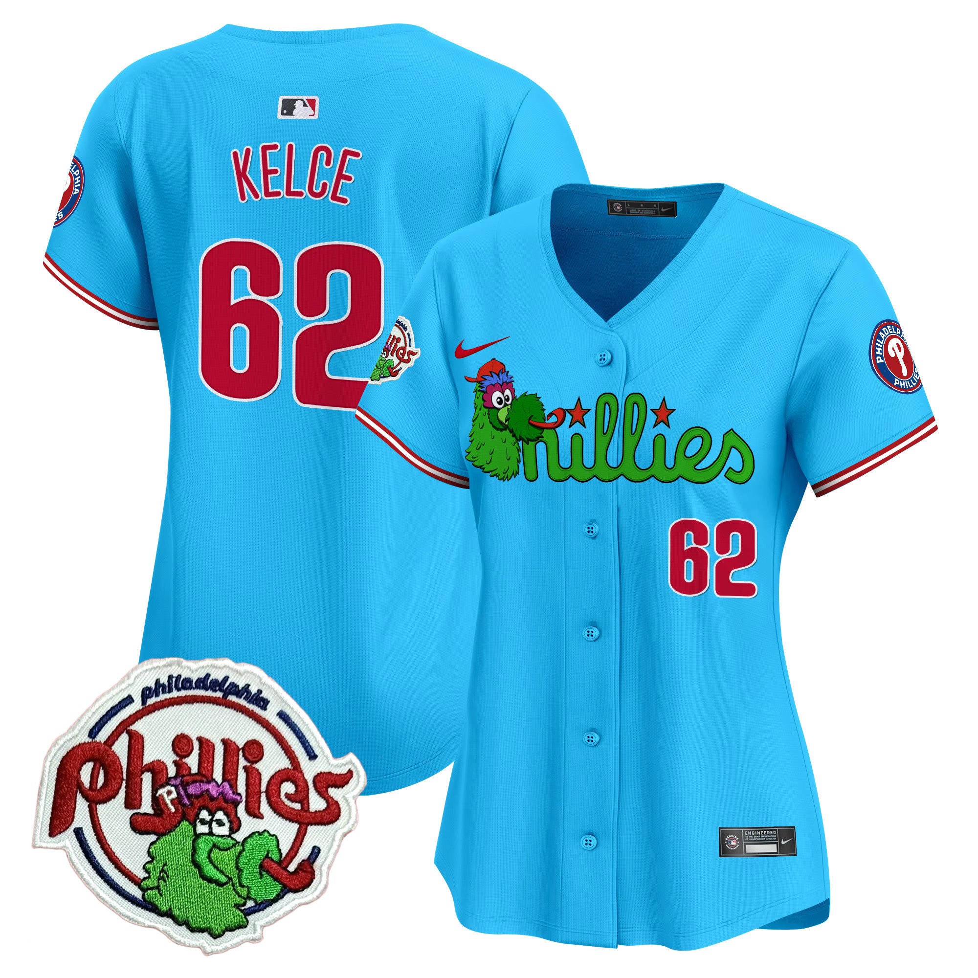 Women's Phillies Phanatic Patch Vapor Premier Limited Jersey V3- All Stitched - Light Blue, Jason Kelce
