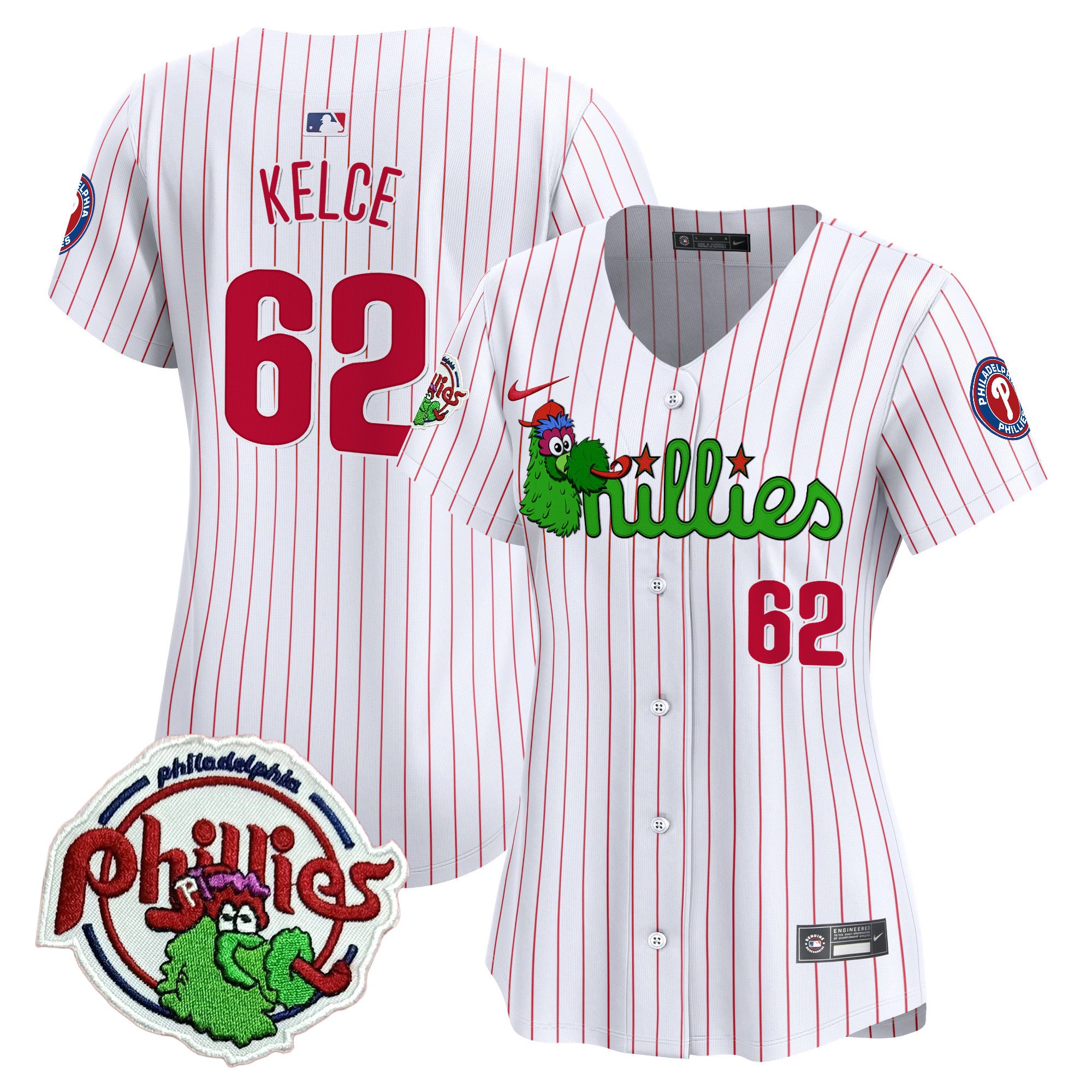 Women's Phillies Phanatic Patch Vapor Premier Limited Jersey V3- All Stitched - White Pinstripe, Jason Kelce