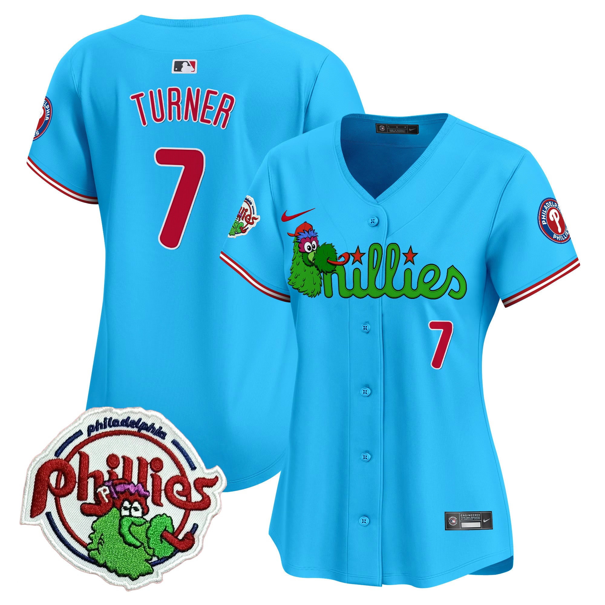 Women's Phillies Phanatic Patch Vapor Premier Limited Jersey V3- All Stitched - Light Blue, Trea Turner