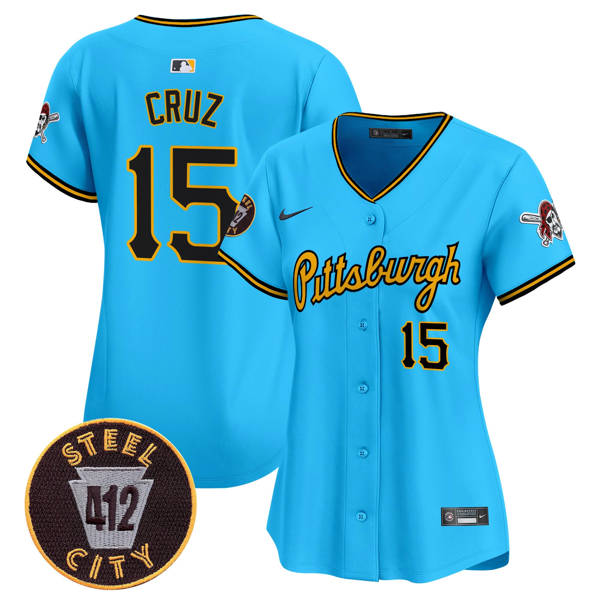 Women's Pittsburgh Pirates 412 Patch Vapor Premier Limited Jersey V4 - All Stitched - Light Blue, Oneil Cruz
