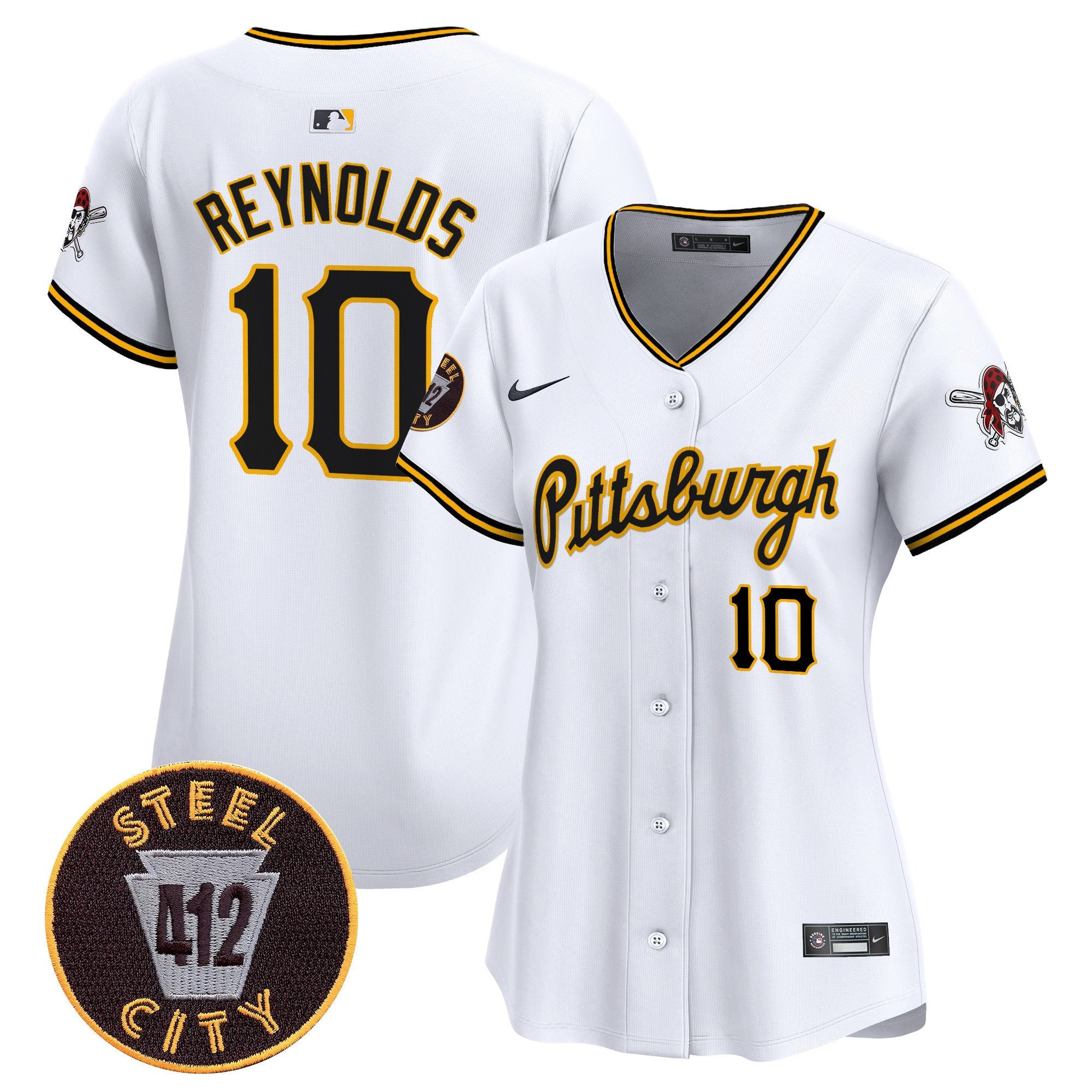 Women's Pittsburgh Pirates 412 Patch Vapor Premier Limited Jersey V4 - All Stitched - White, Bryan Reynolds