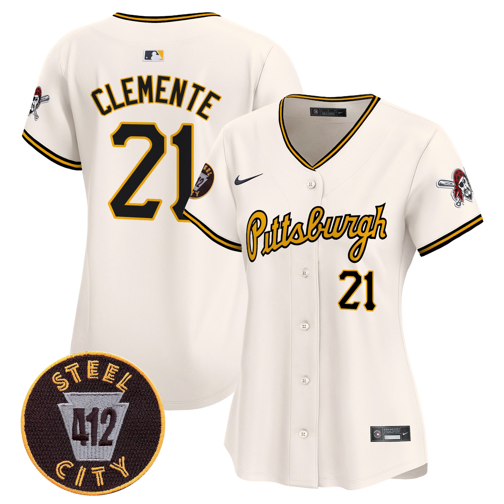 Women's Pittsburgh Pirates 412 Patch Vapor Premier Limited Jersey V4 - All Stitched - Cream, Roberto Clemente