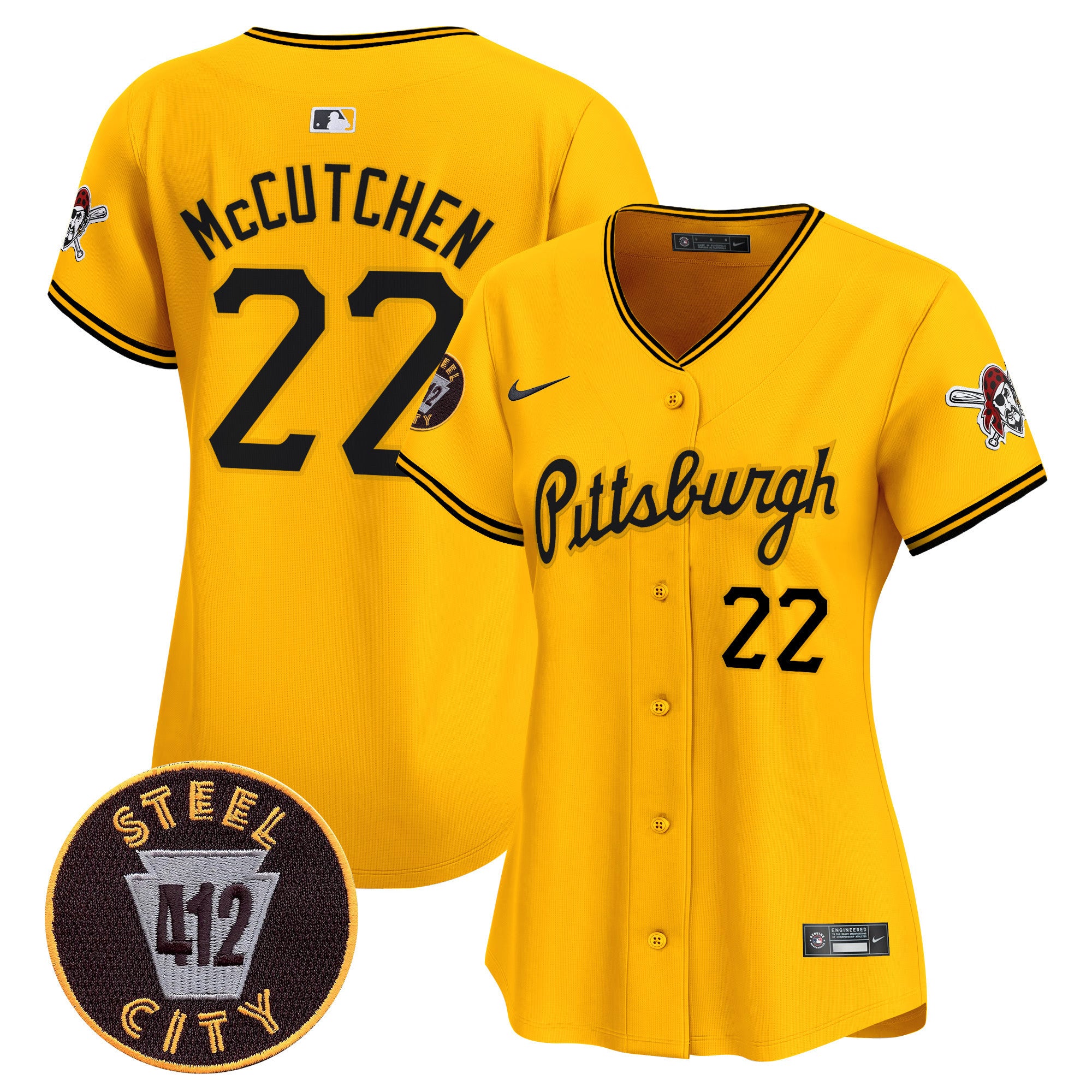 Women's Pittsburgh Pirates 412 Patch Vapor Premier Limited Jersey V4 - All Stitched - Gold, Andrew Mccutchen