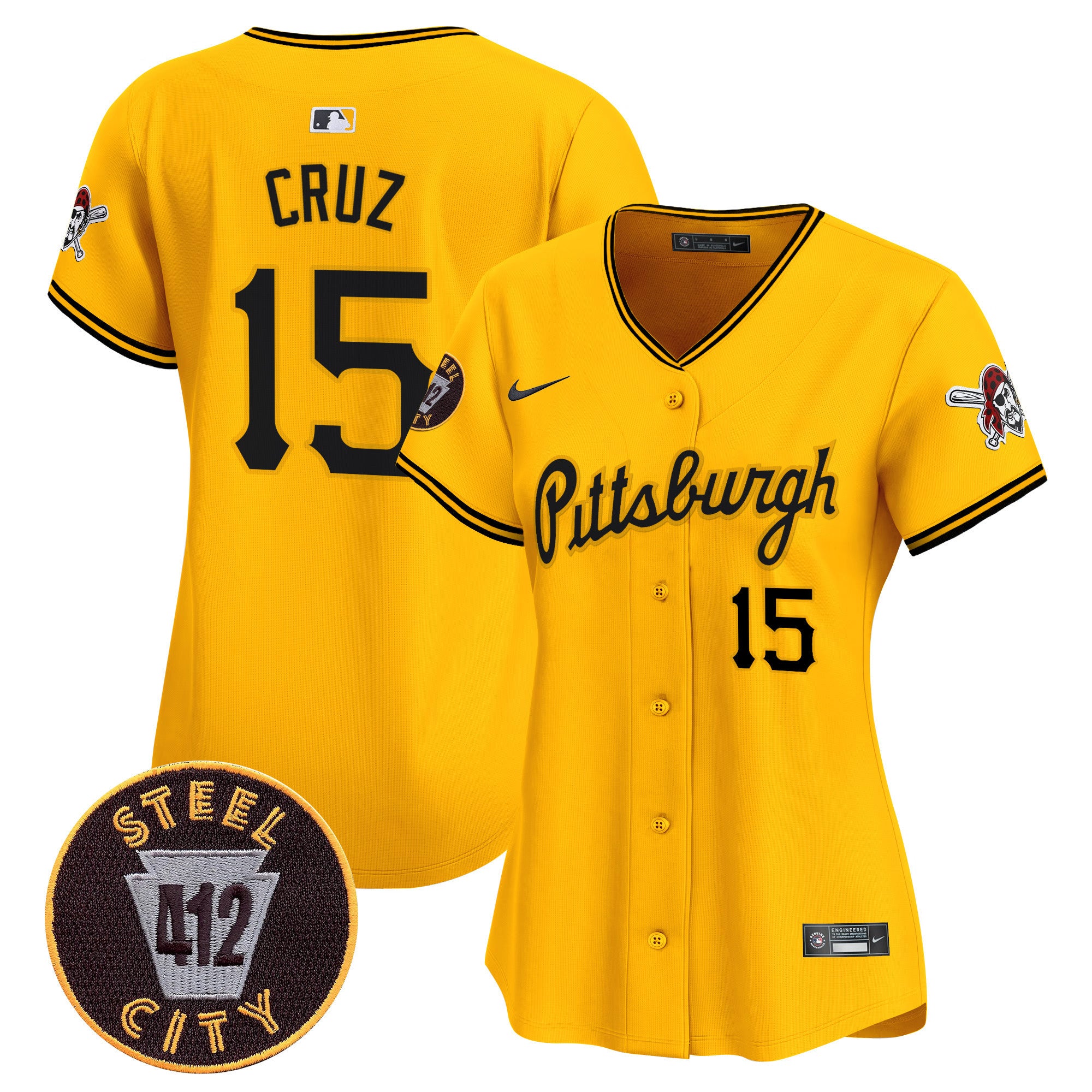 Women's Pittsburgh Pirates 412 Patch Vapor Premier Limited Jersey V4 - All Stitched - Gold, Oneil Cruz
