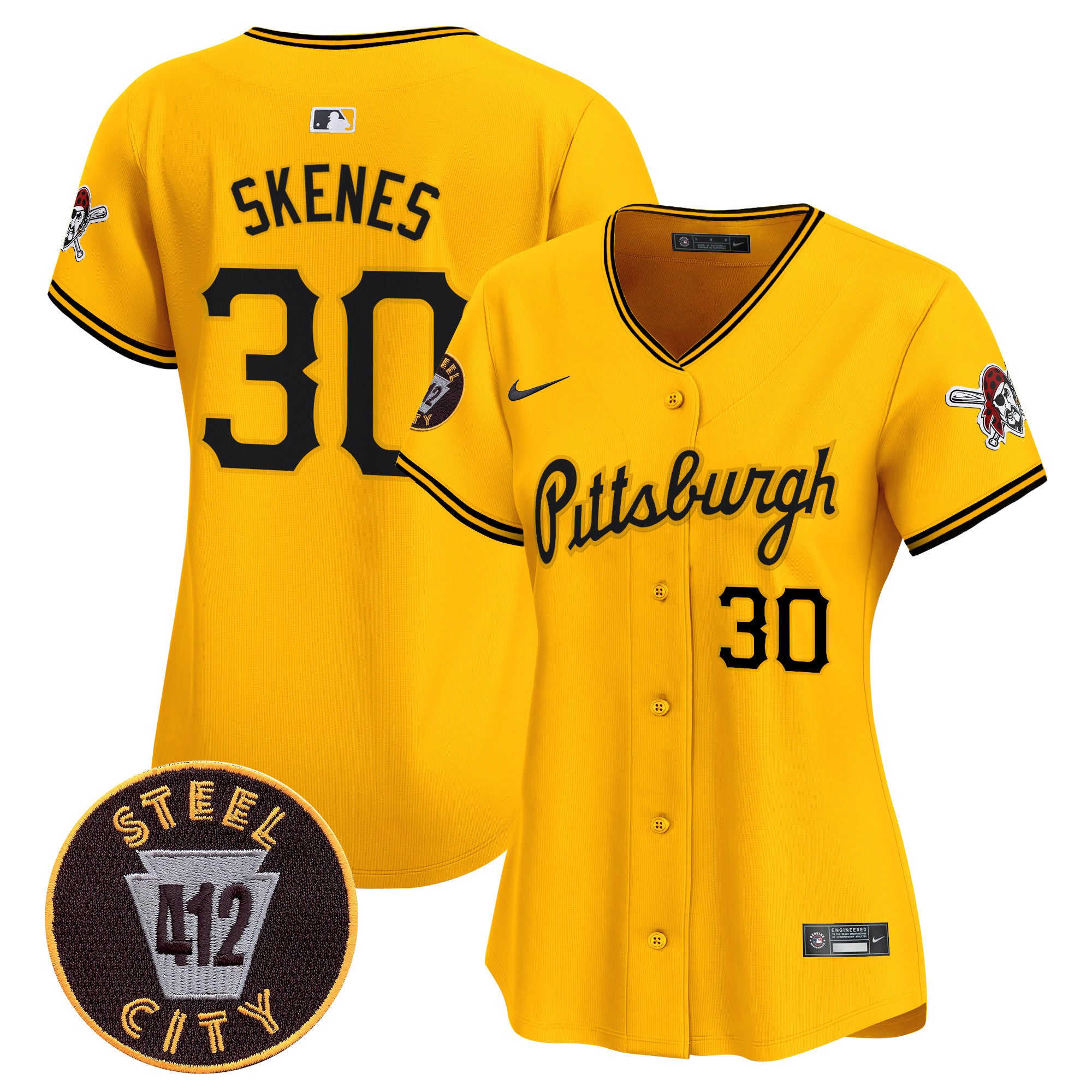 Women's Pittsburgh Pirates 412 Patch Vapor Premier Limited Jersey V4 - All Stitched - Gold, Paul Skenes