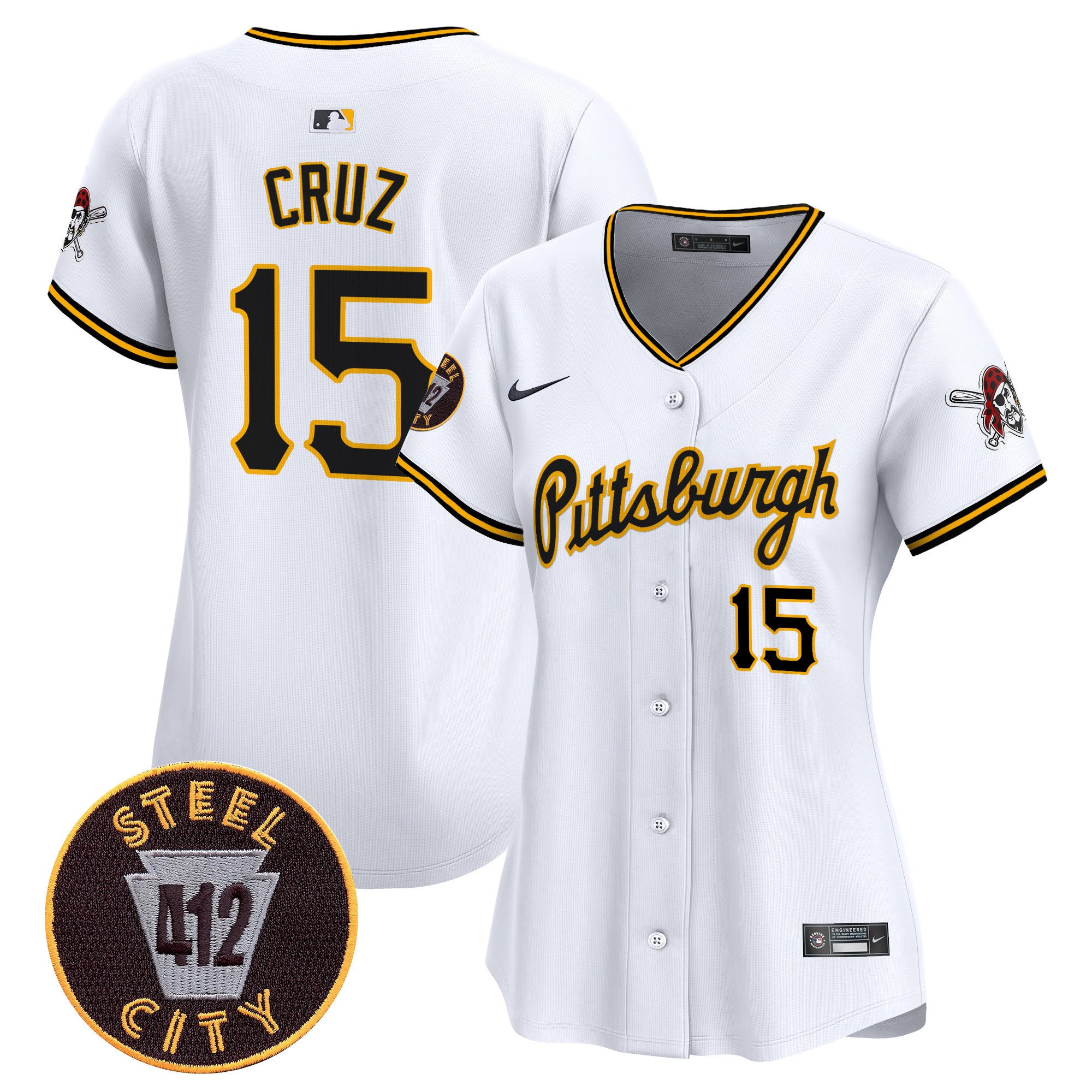 Women's Pittsburgh Pirates 412 Patch Vapor Premier Limited Jersey V4 - All Stitched - White, Oneil Cruz