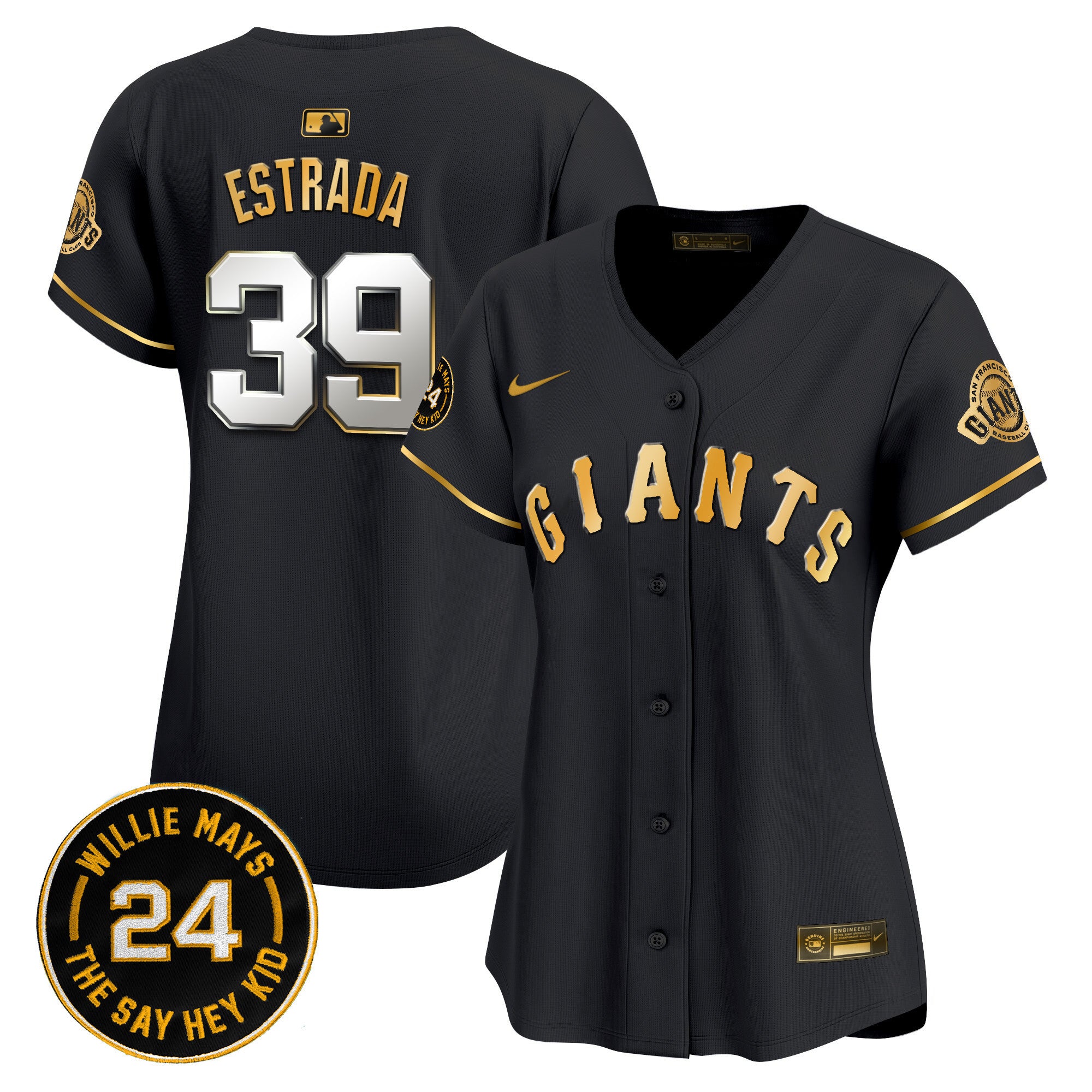 Women's San Francisco Giants 2024 Willie Mays Patch Vapor Premier Limited Jersey - All Stitched - Black Gold, Thairo Estrada