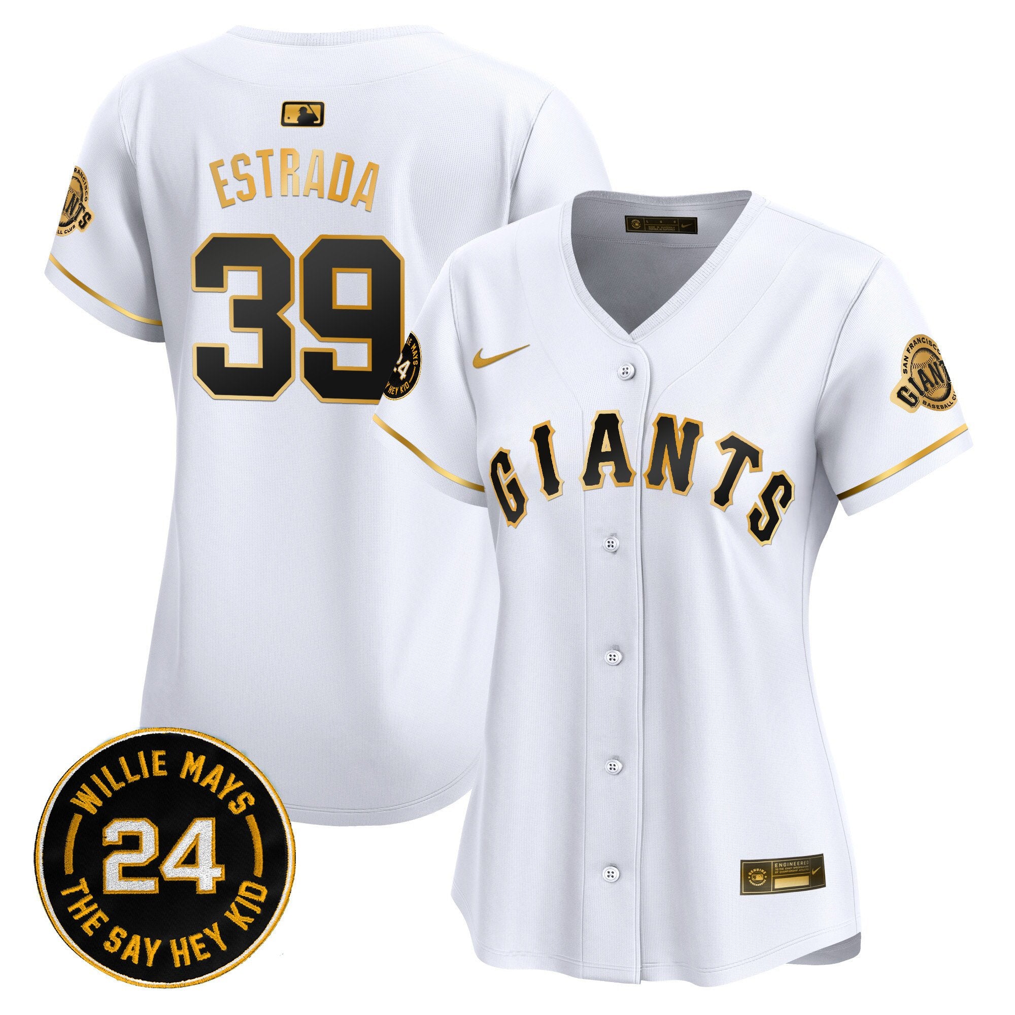 Women's San Francisco Giants 2024 Willie Mays Patch Vapor Premier Limited Jersey - All Stitched - White Gold, Thairo Estrada
