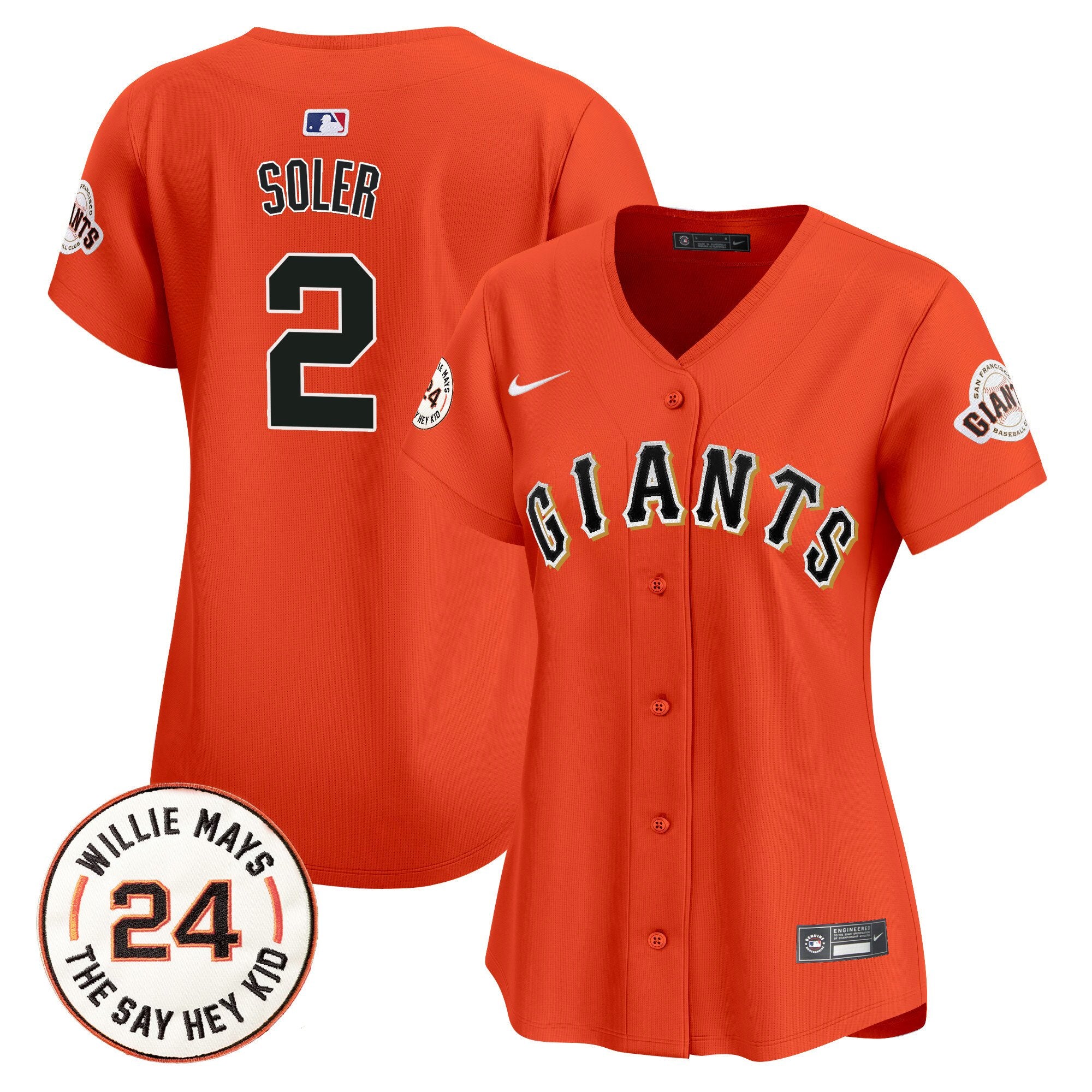 Women's San Francisco Giants 2024 Willie Mays Patch Vapor Premier Limited Jersey - All Stitched - Orange, Jorge Soler
