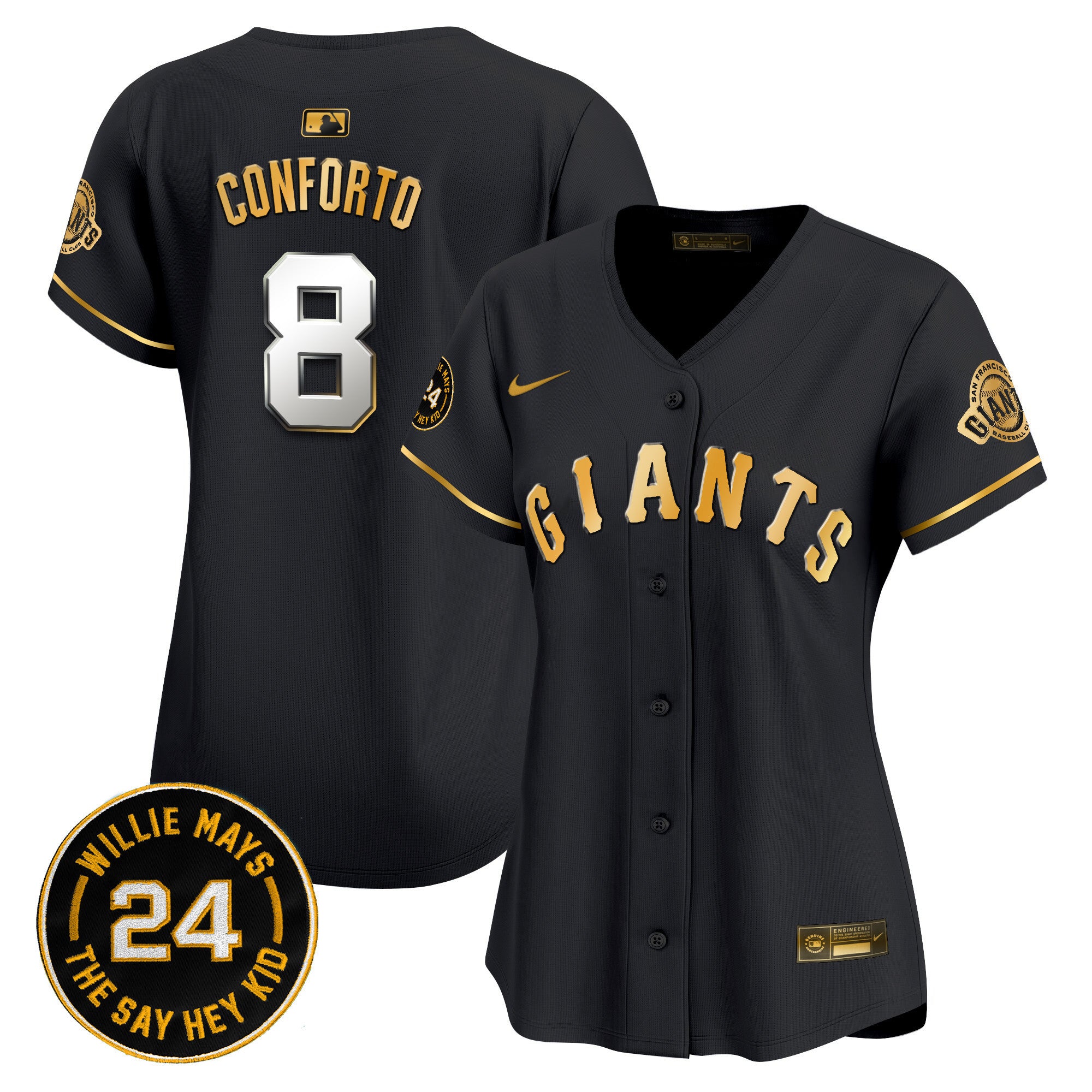 Women's San Francisco Giants 2024 Willie Mays Patch Vapor Premier Limited Jersey - All Stitched - Black Gold, Michael Conforto