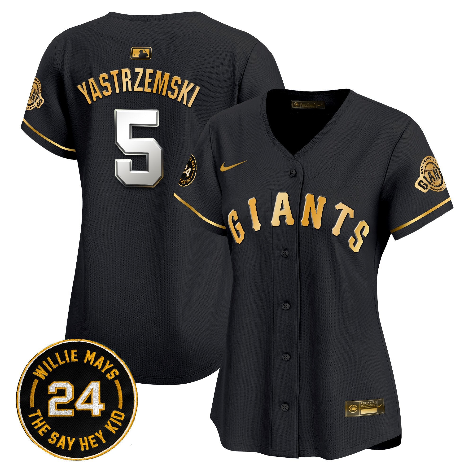 Women's San Francisco Giants 2024 Willie Mays Patch Vapor Premier Limited Jersey - All Stitched - Black Gold, Mike Yastrzemski