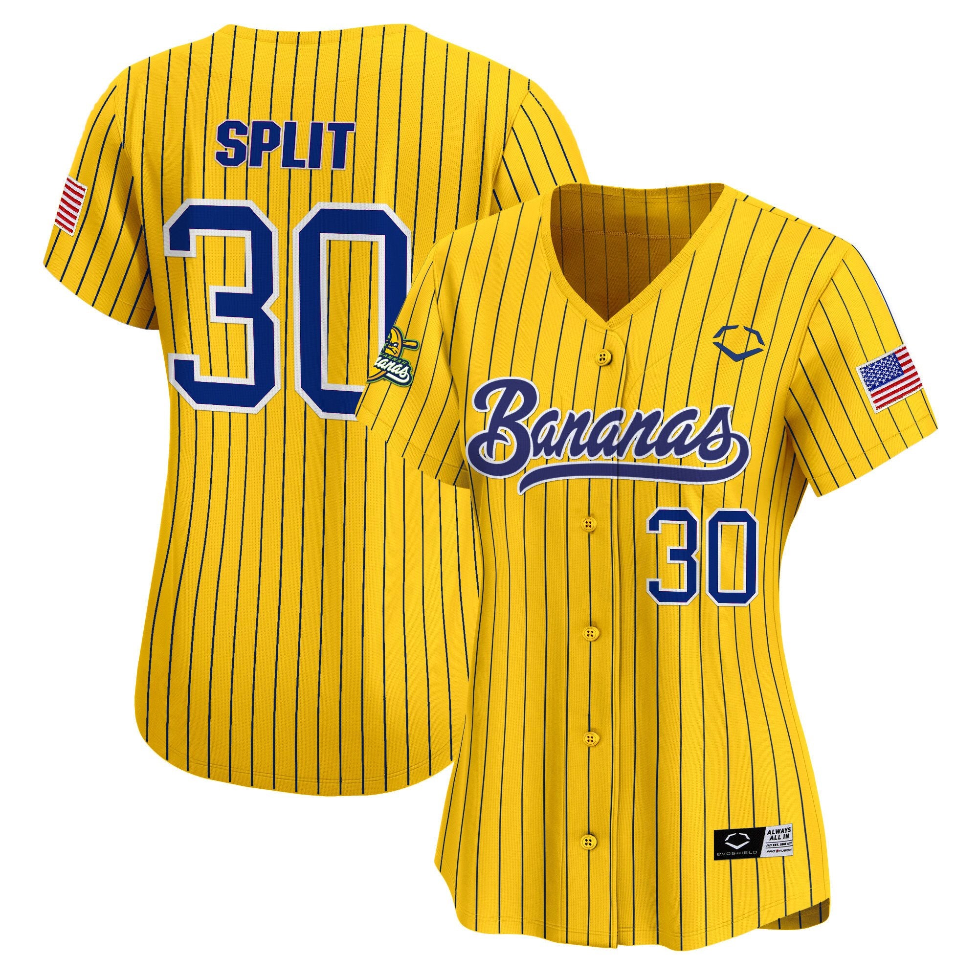 Women's Savannah Bananas Vapor Premier Limited Jersey - All stitched - Pinstripe, Savannah Bananas Split