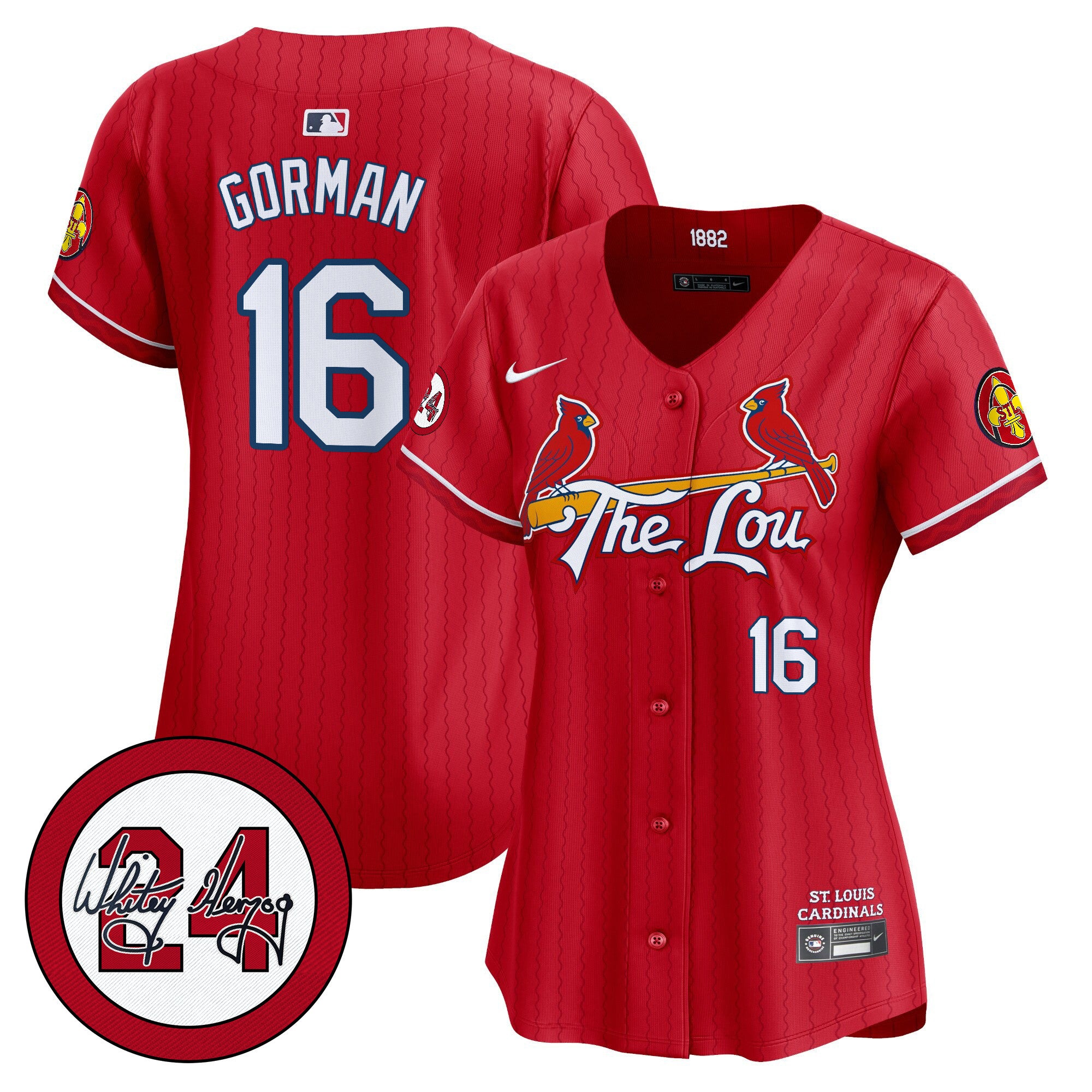 Women's St. Louis Cardinals 2024 City Connect Whitey Herzog Patch Vapor Premier Limited Jersey - All Stitched - Red, Nolan Gorman