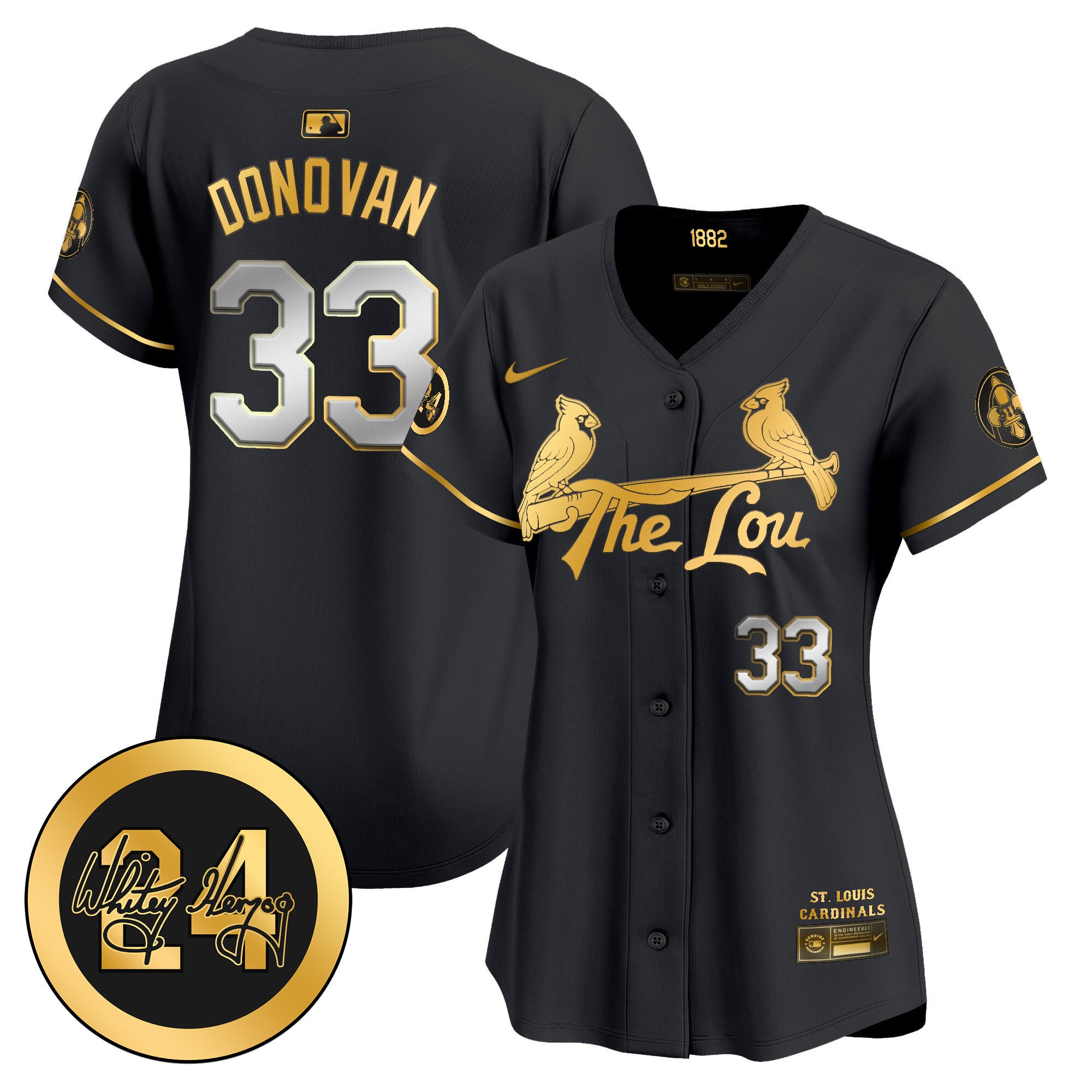 Women's St. Louis Cardinals 2024 City Connect Whitey Herzog Patch Vapor Premier Limited Jersey - All Stitched - Black Gold, Brendan Donovan