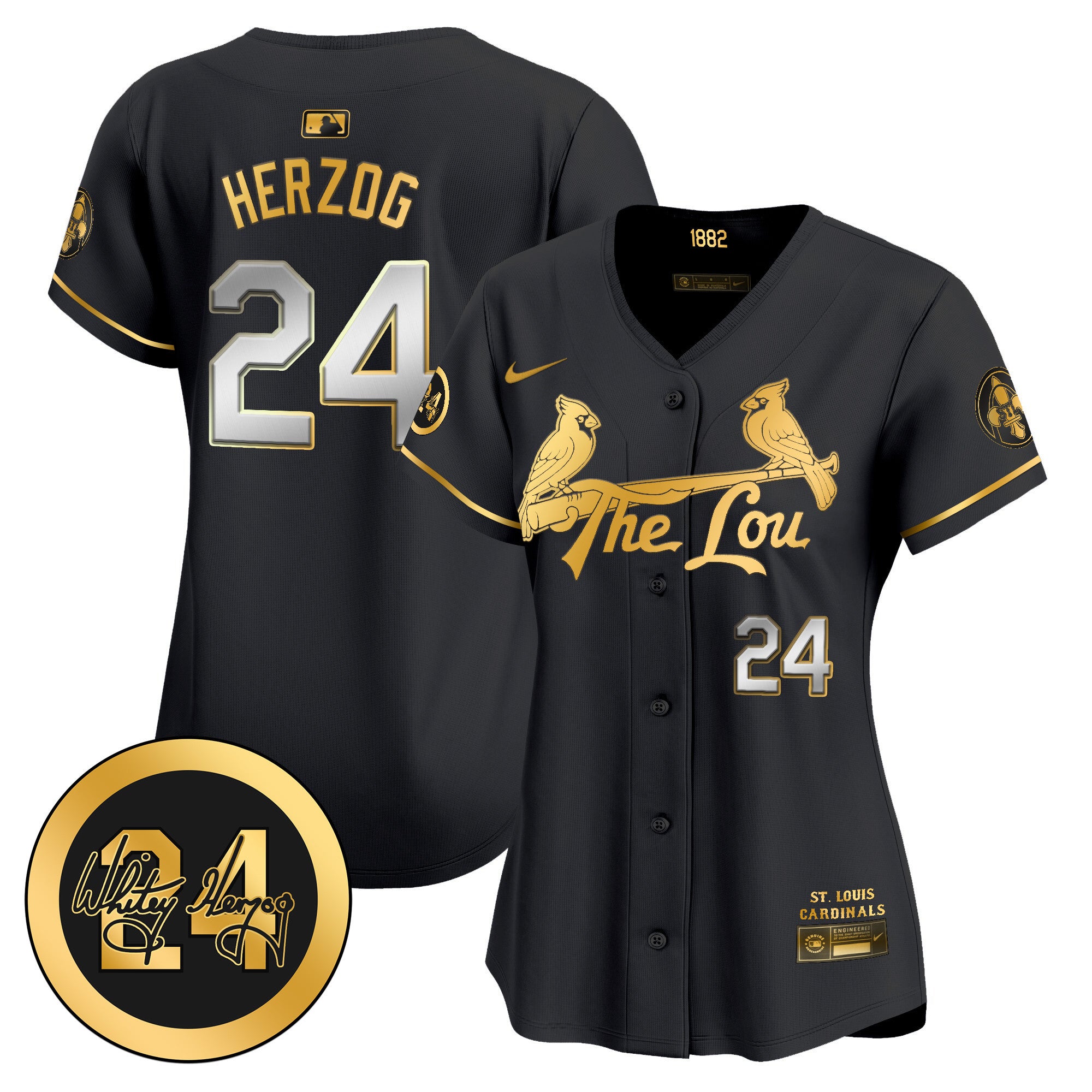 Women's St. Louis Cardinals 2024 City Connect Whitey Herzog Patch Vapor Premier Limited Jersey - All Stitched - Black Gold, Whitey Herzog