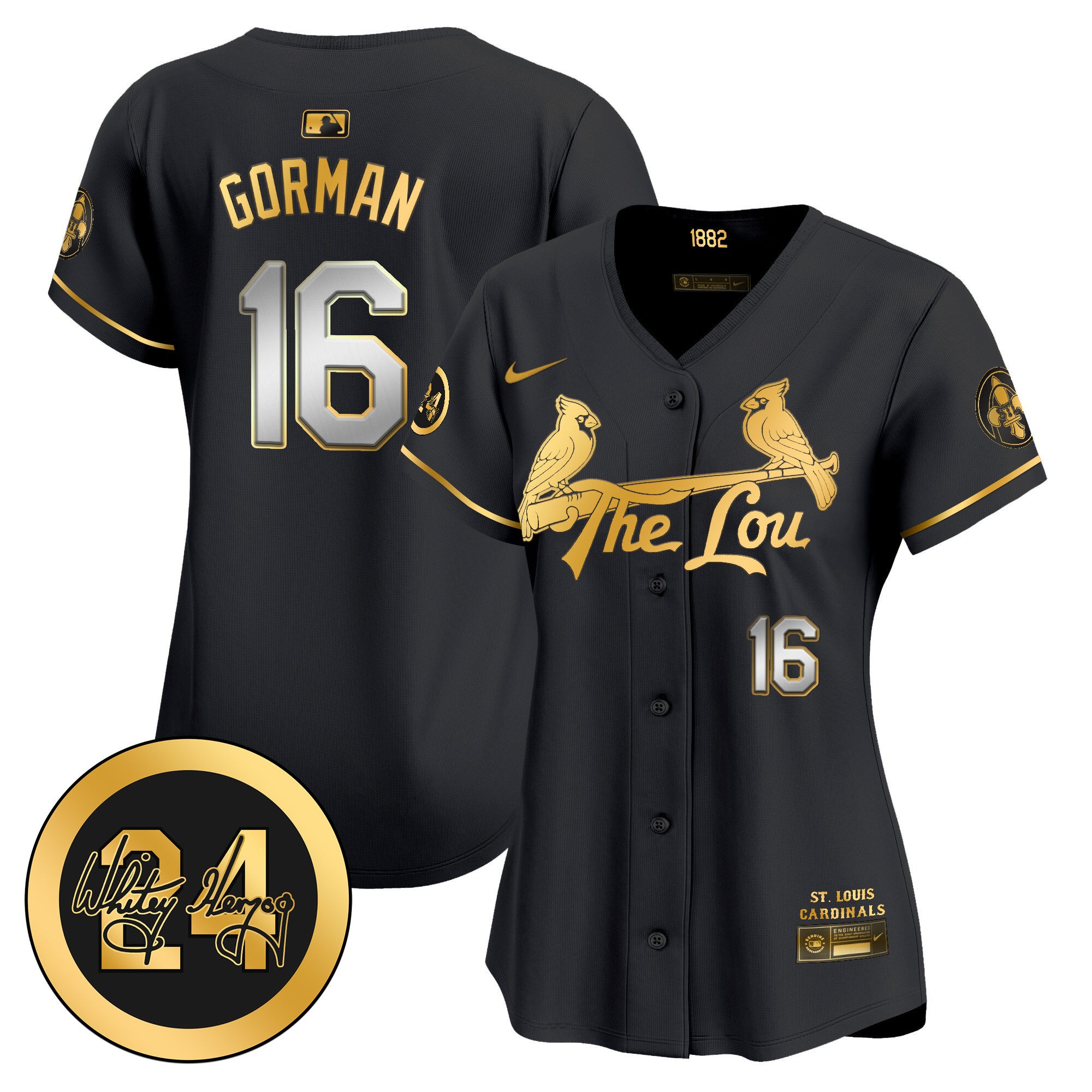 Women's St. Louis Cardinals 2024 City Connect Whitey Herzog Patch Vapor Premier Limited Jersey - All Stitched - Black Gold, Nolan Gorman