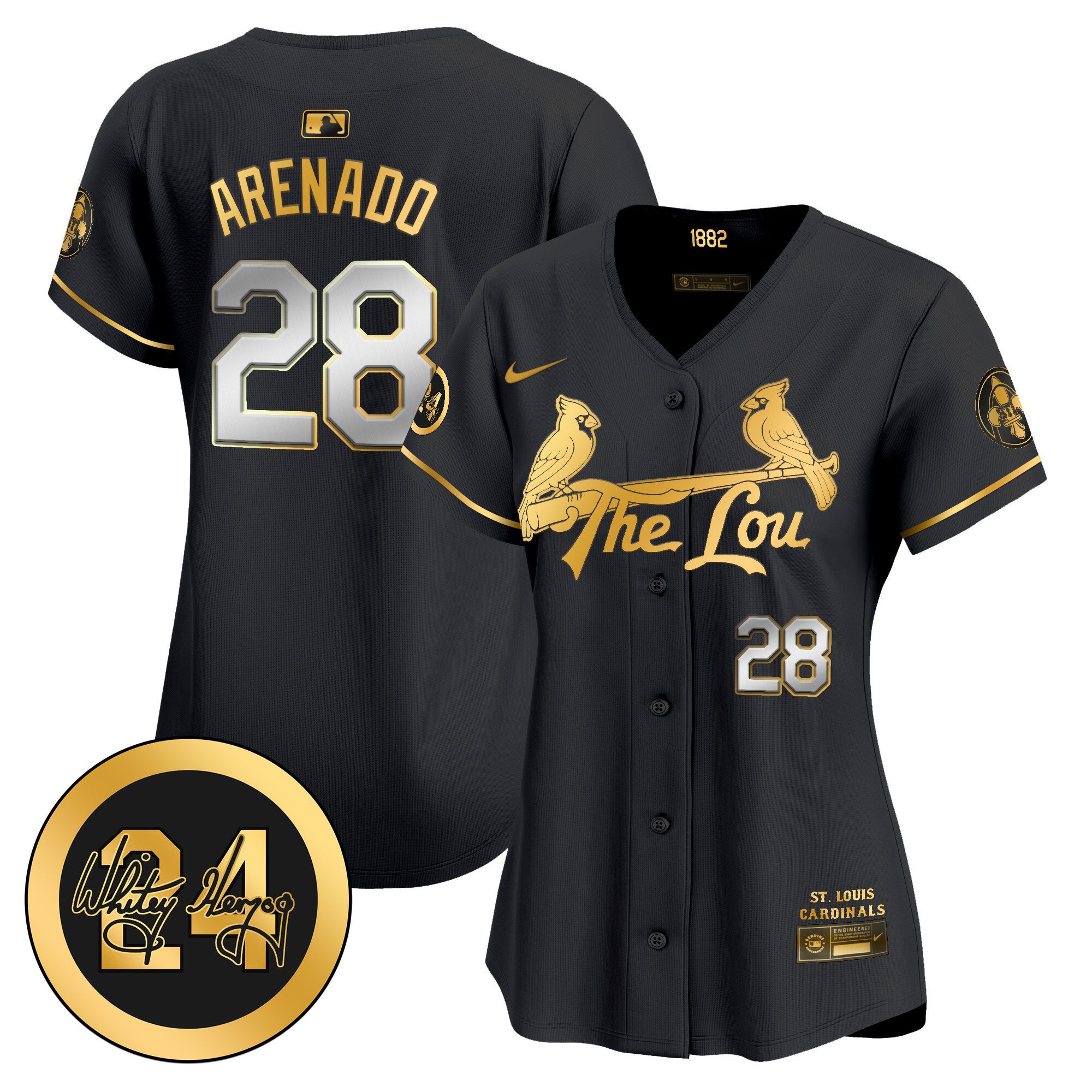 Women's St. Louis Cardinals 2024 City Connect Whitey Herzog Patch Vapor Premier Limited Jersey - All Stitched - Black Gold, Nolan Arenado