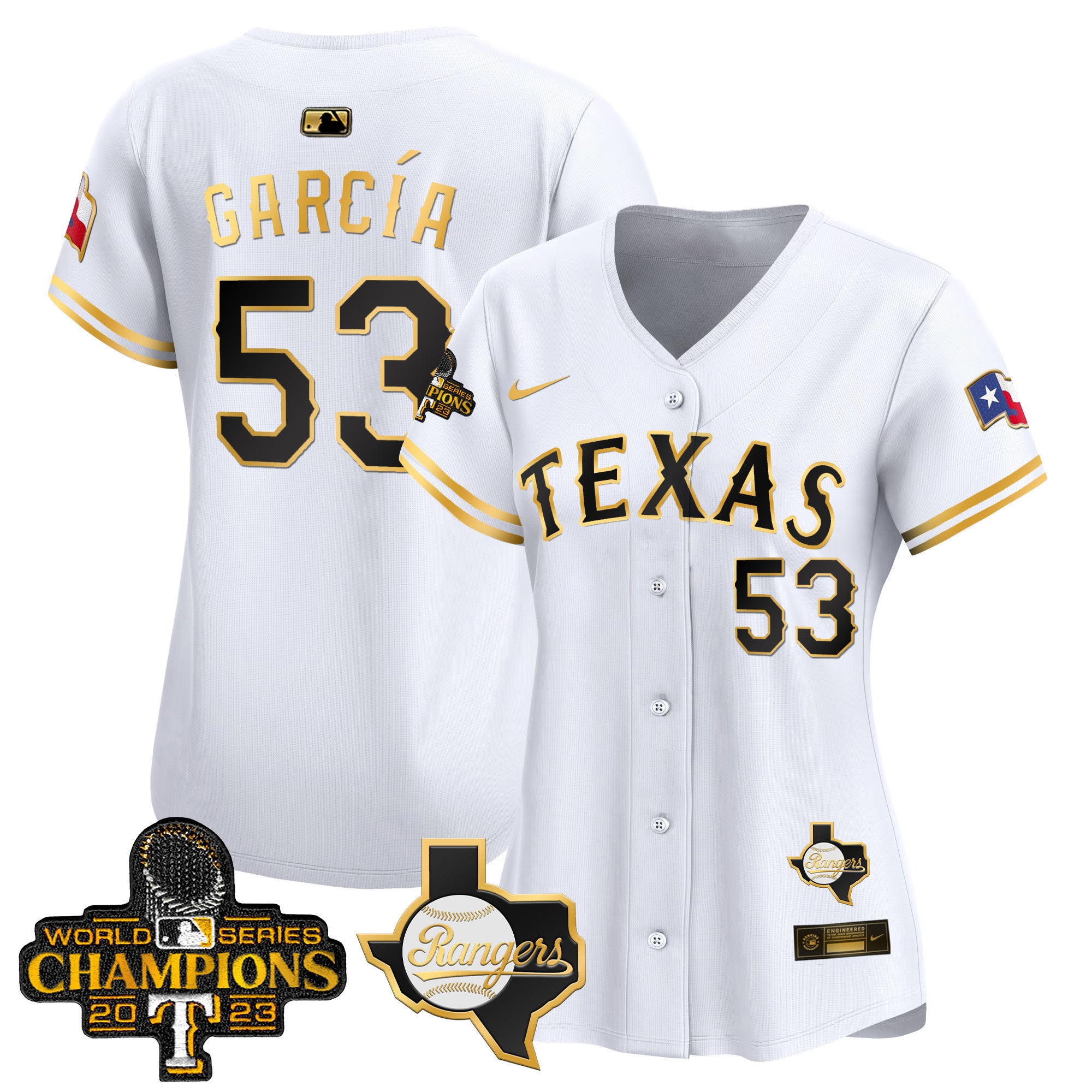 Women's Texas Rangers World Series Champions Vapor Premier Limited Jersey V2 - All Stitched - White Gold, Adolis Garcia