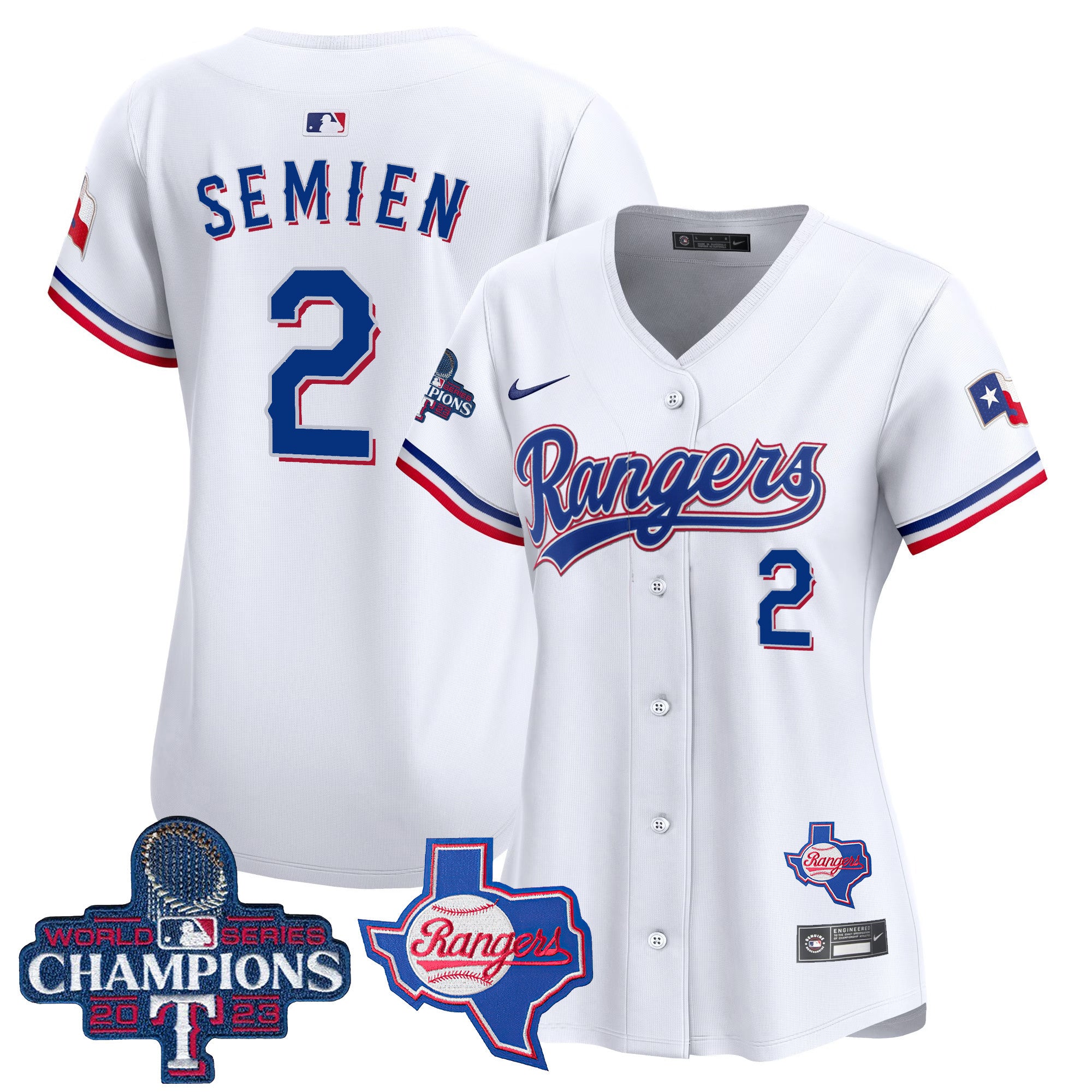 Women's Texas Rangers World Series Champions Vapor Premier Limited Jersey V2 - All Stitched - White, Marcus Semien