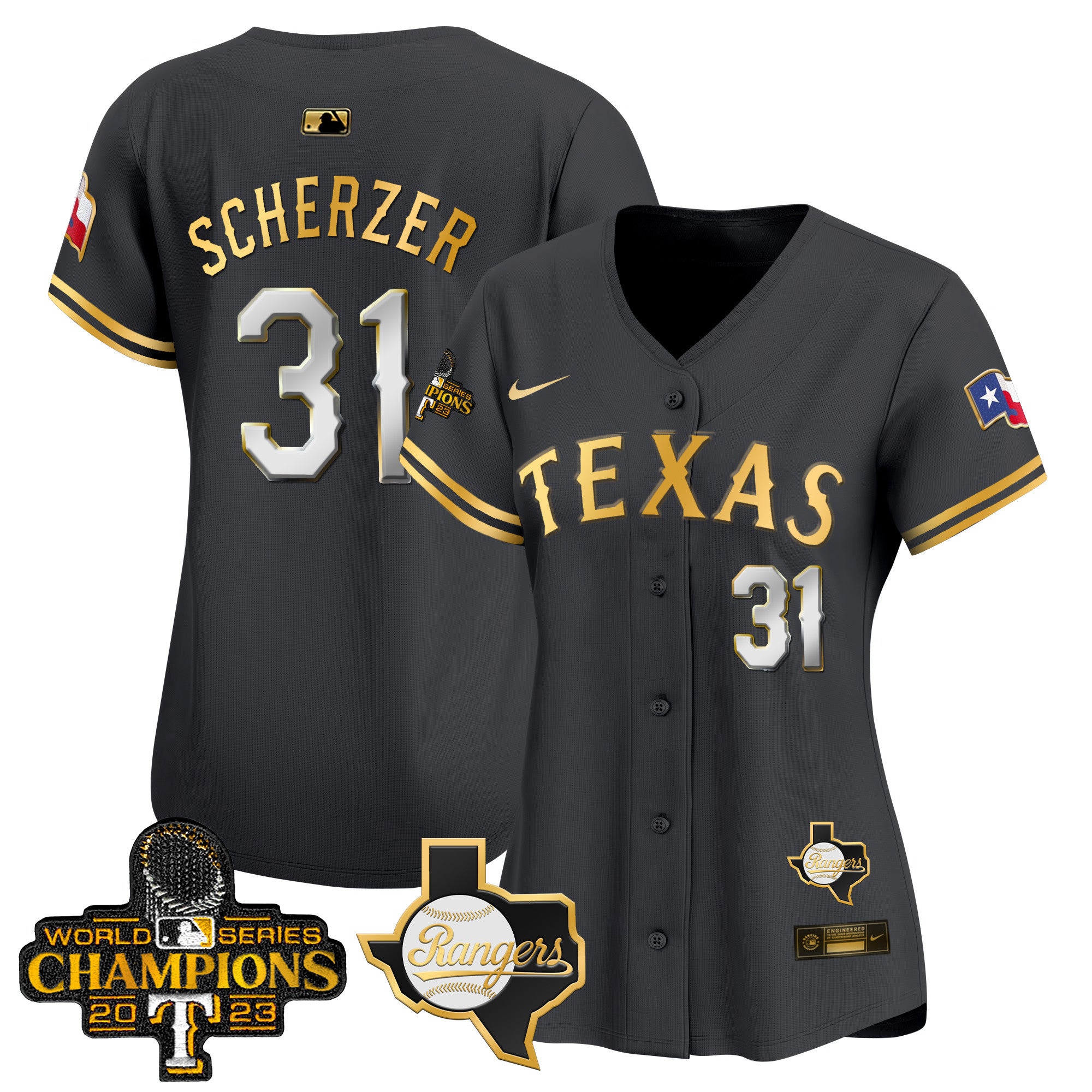 Women's Texas Rangers World Series Champions Vapor Premier Limited Jersey V2 - All Stitched - Black Gold, Max Scherzer